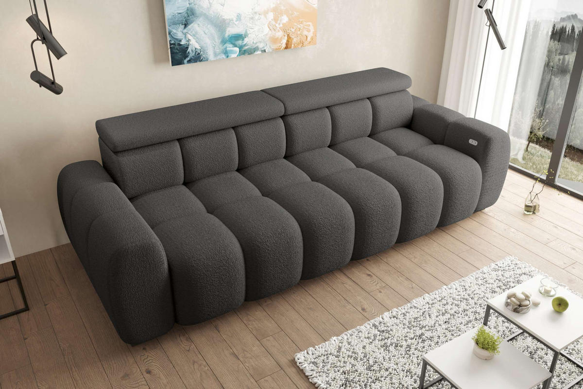 BIGSOFA ALESSIO Bouclé-Stoff Graphitfarben mit elektrischer Sitztiefenverstellung - Graphitfarben, Kunststoff/Textil (248/77/108cm) - 99rooms