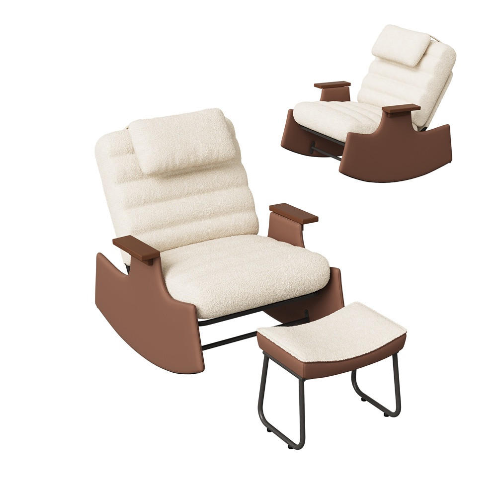 SCHAUKELSTUHL mit Hocker und Kopfkissen - 3-stufig verstellbare Rückenlehne und Lammfell-Imitat - Beige-Braun - Beige, Textil (61.5/81/51.5cm) - DELFA
