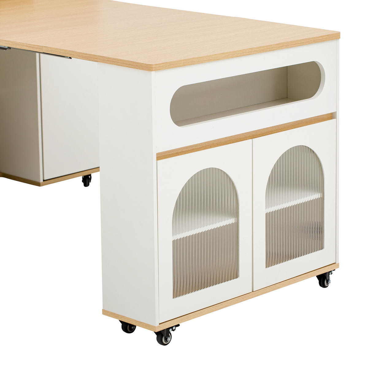 KÜCHENINSEL aus MDF 50.5-187.5x110.5x95.5 cm Weiß/Natur mit ausziehbarer Tischplatte & Steckdosen - Weiß, Holzwerkstoff (187.5/95.5/110.5cm) - Modfu