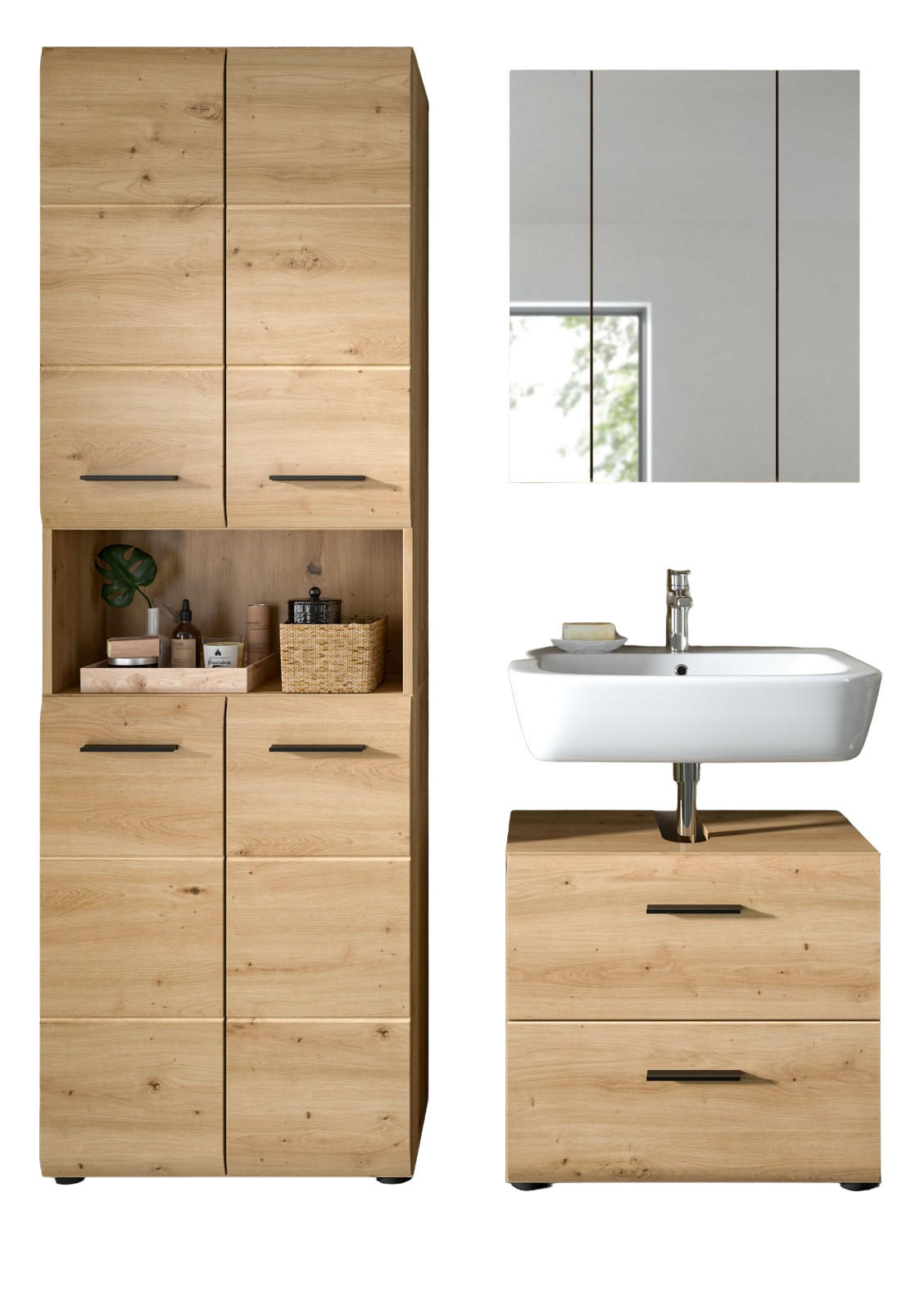 BADMÖBEL SET 3-teilig in Artisan Eiche, Badkombination 135 x 185 cm, Cover - Schwarz/Eiche Artisan, Glas/Holzwerkstoff (135/185/30cm) - Inn.Furn