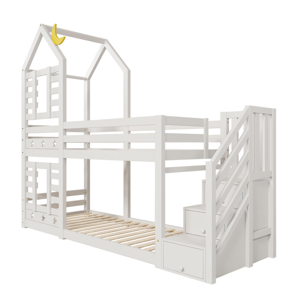 ETAGENBETT Baumhaus 90/200 cm Weiß mit Schubladen und Rausfallschutz - Weiß, Holzwerkstoff (90/200cm) - OKWISH
