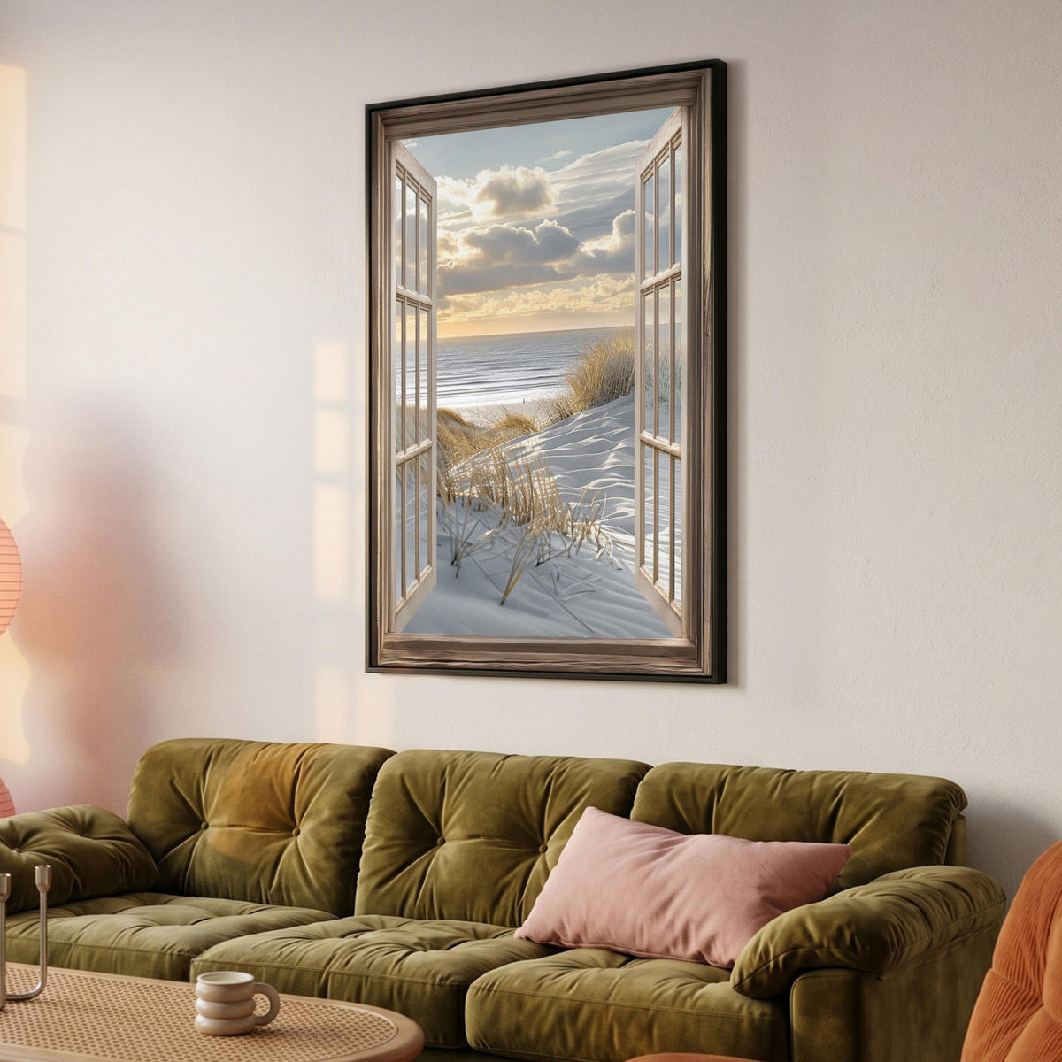 LEINWAND Bilder mit Rahmen - Ausblick - Strand - Dünen - Meer - Natur - 80x120 - Sandfarben, Textil (80/120cm) - MuchoWow