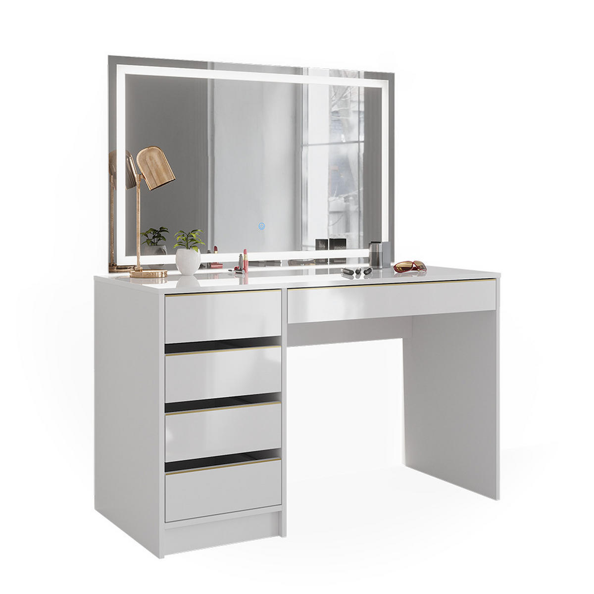 SCHMINKTISCH Sherry Weiß/Gold 120 cm mit LED-Spiegel - Goldfarben/Weiß, Holzwerkstoff (120/75/55cm) - Vicco