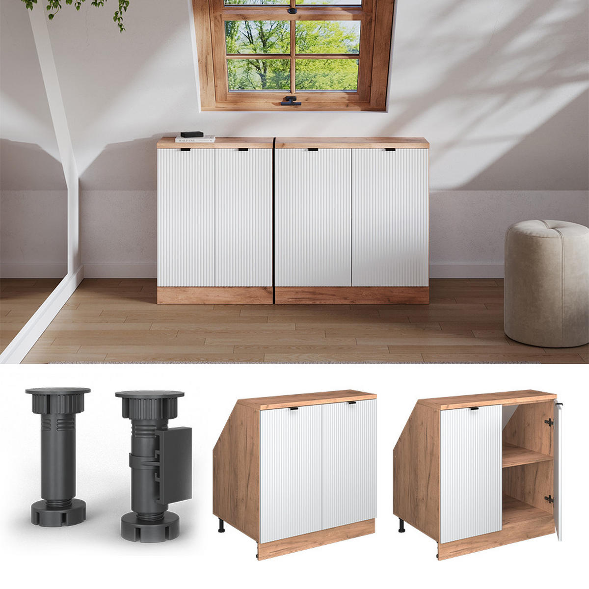 ORMARIĆ ZA KOSI KROV S VRATA Rion Bijeli grebeni 80 x 81.6 cm s 2 vrata, korpus ormara dubine 60 cm - bijela/hrast medunac, drvni materijal (80/83.8/60cm) - Vicco