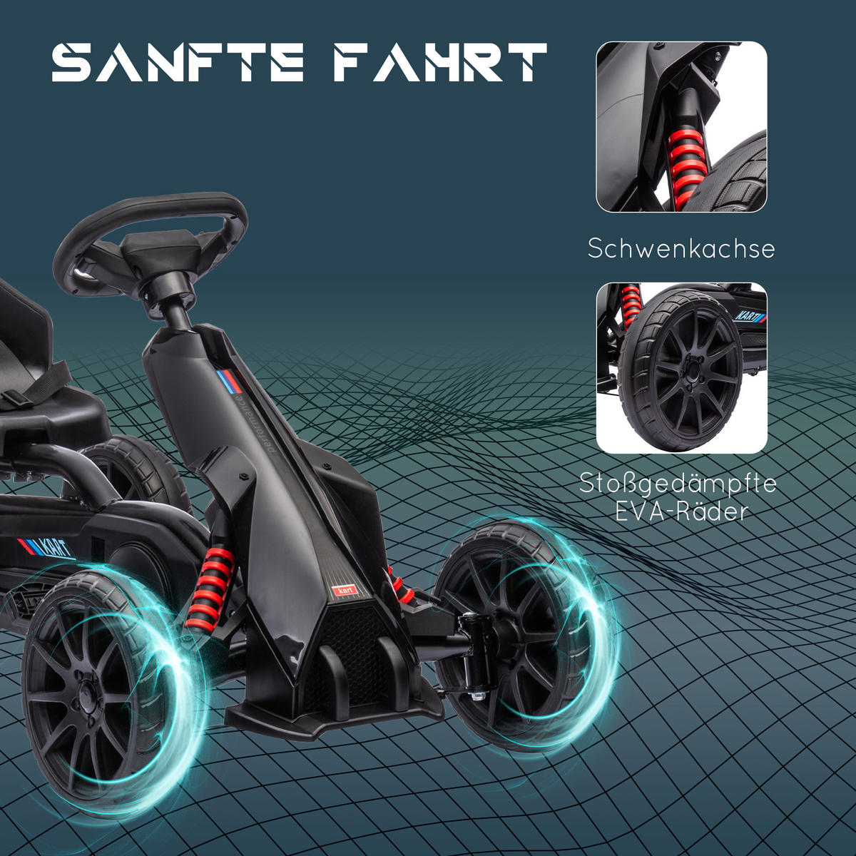KINDER GO KART TRETAUTO, Schwarz, Kunststoff, Metall - Schwarz, Kunststoff (100/58/58.5cm) - HOMCOM