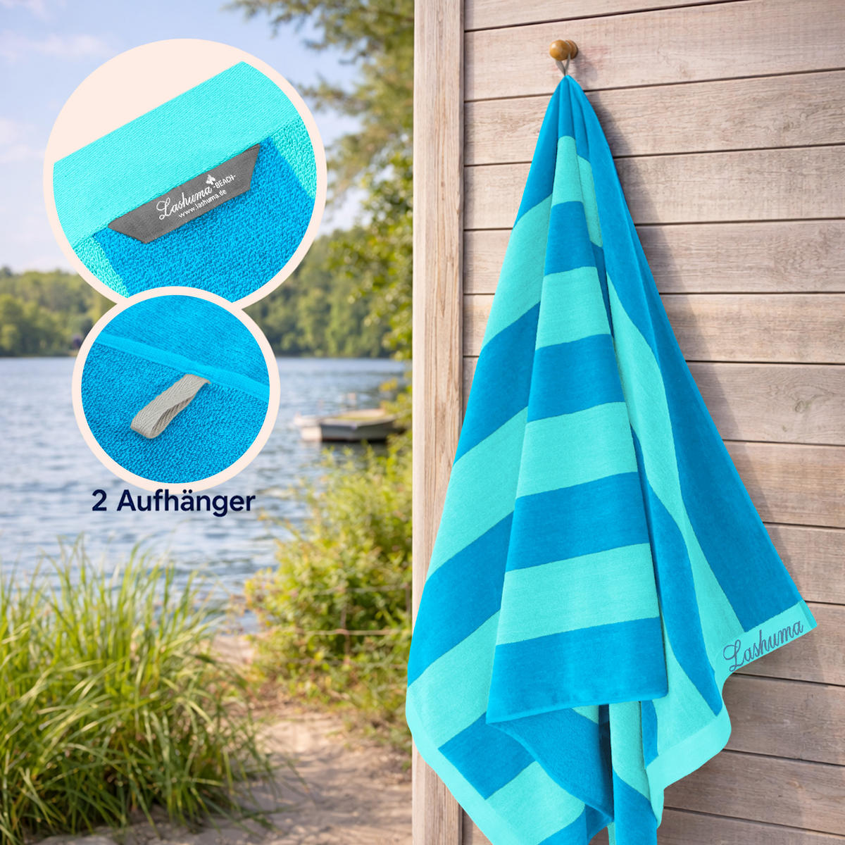 STRANDTUCH Riviera Frottee Velours 90x180 cm 480g/m² - Türkis/Blau, Naturmaterialien (90/180cm) - Lashuma