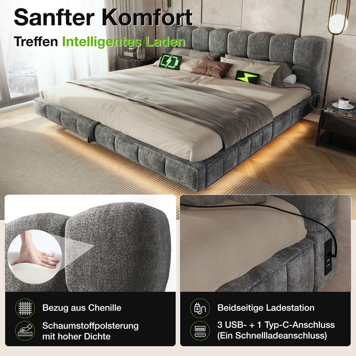 POLSTERBETT aus Chenille 140x200 cm Grau mit hydraulischem Bettkasten, LED und USB-C-Anschluss - Grau, Textil (140/200cm) - Modfu