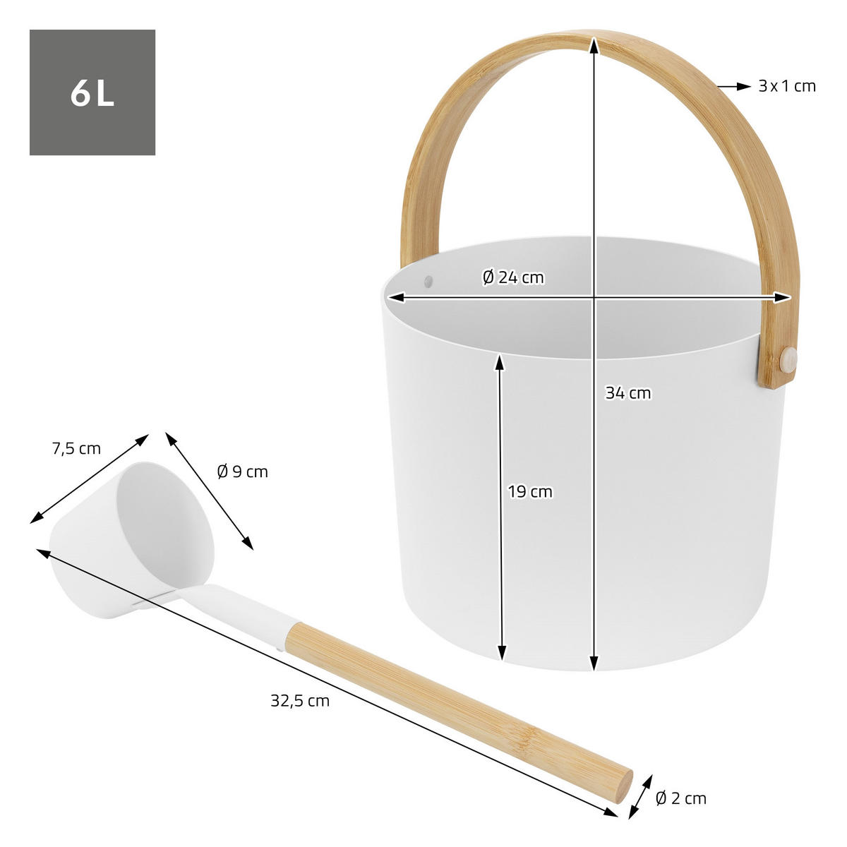 SADA SAUNOVÉHO PŘÍSLUŠENSTVÍ z hliníku a dřeva, bílá, kbelík na nalévání a naběračka - bílá, kov (24/34/32.5cm) - LuxeBath