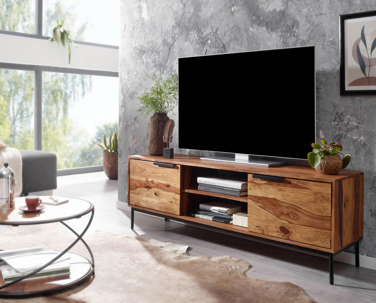 LOWBOARD Massivholz Landhausstil für 60-Zoll Fernseher mit offenen Fächern - Schwarz/Braun, Holz/Metall (147/51/38cm) - KADIMA DESIGN