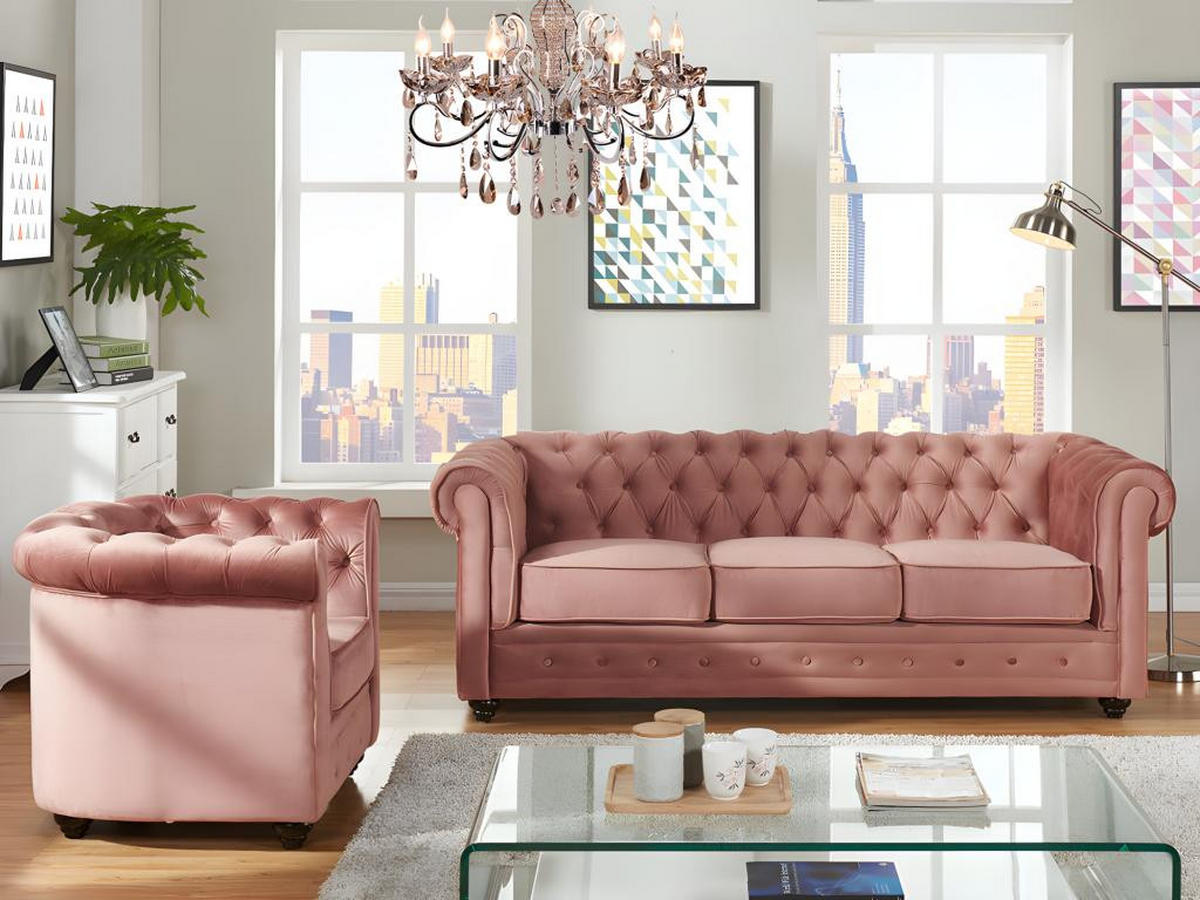 COUCHGARNITUR 3+1 - Samt - Rosa - CHESTERFIELD - Pink, Textil (88/72/205cm) - Vente-Unique