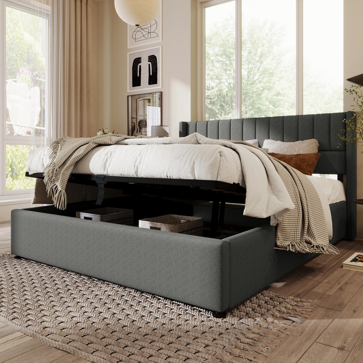 ČALÚNENÁ posteľ 140/200 cm sivá s úložným priestorom a matracom z ľanu - sivá, textil (140/200cm) - OKWISH