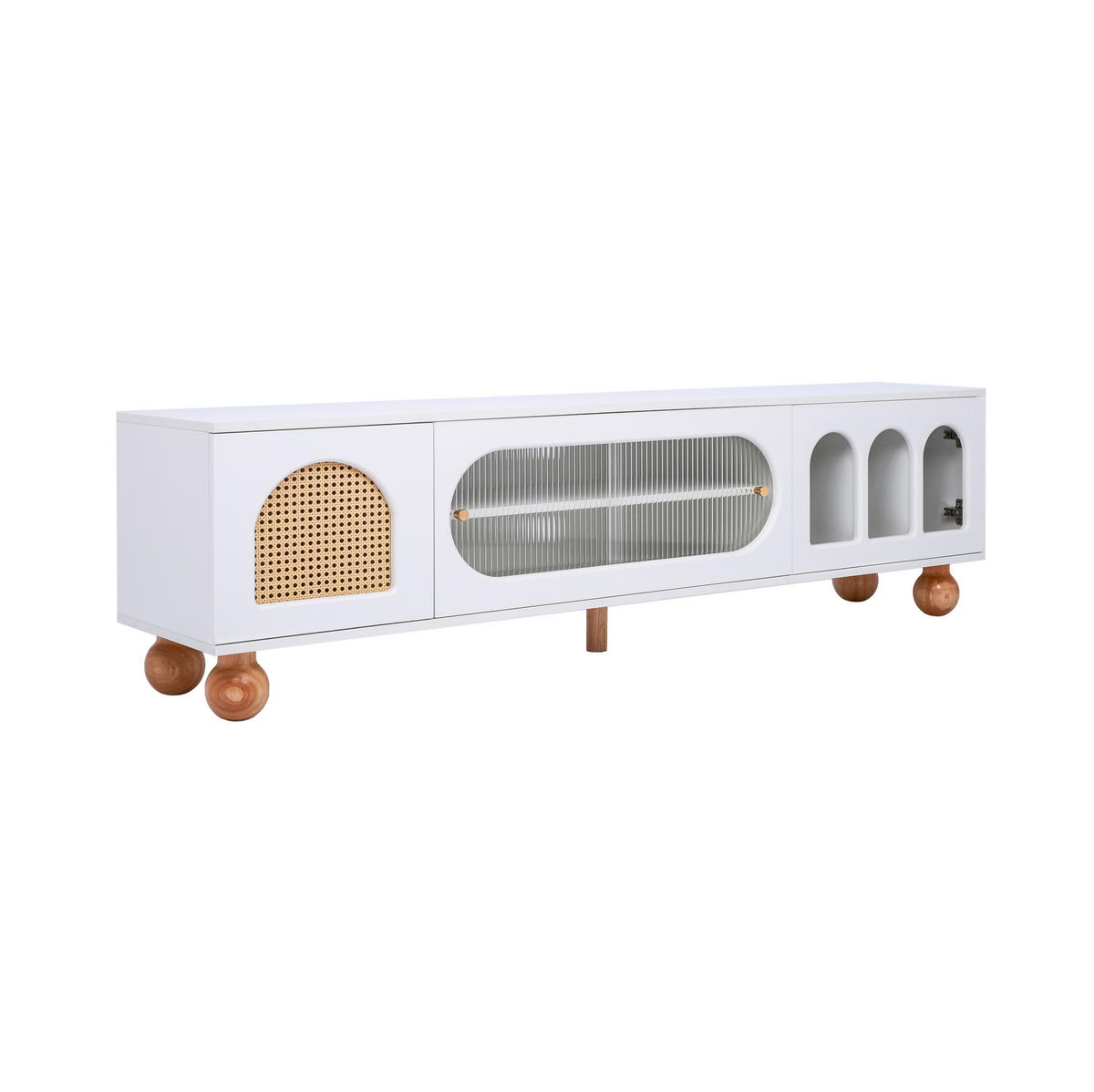 TV-SCHRANK 170/47/37 cm weiß mit Rattan-ähnlicher Tür und Glasschiebetüren - Weiß, Holzwerkstoff (170/37/47cm) - OKWISH
