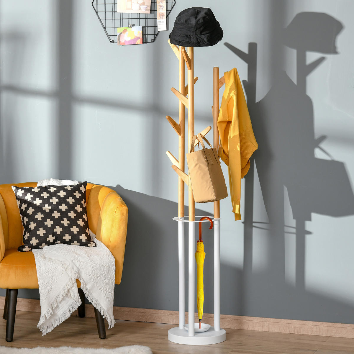 GARDEROBENSTÄNDER mit 12 Haken, Natur+Weiß 30,5 x 30,5 x 174,5 cm - Naturfarben, Naturmaterialien (30.5/174.5/30.5cm) - HOMCOM