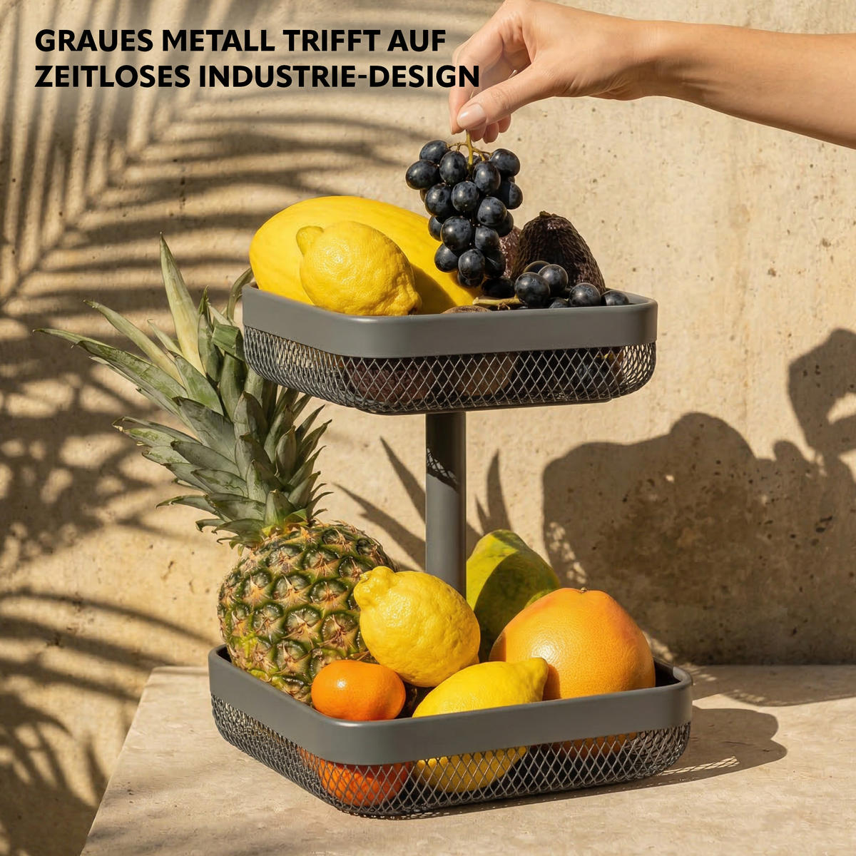 OBSTETAGERE, eckig, 2-stöckig, Ø 20 cm und 25 cm, grau, Metall - Grau, Metall (30cm) - eluno