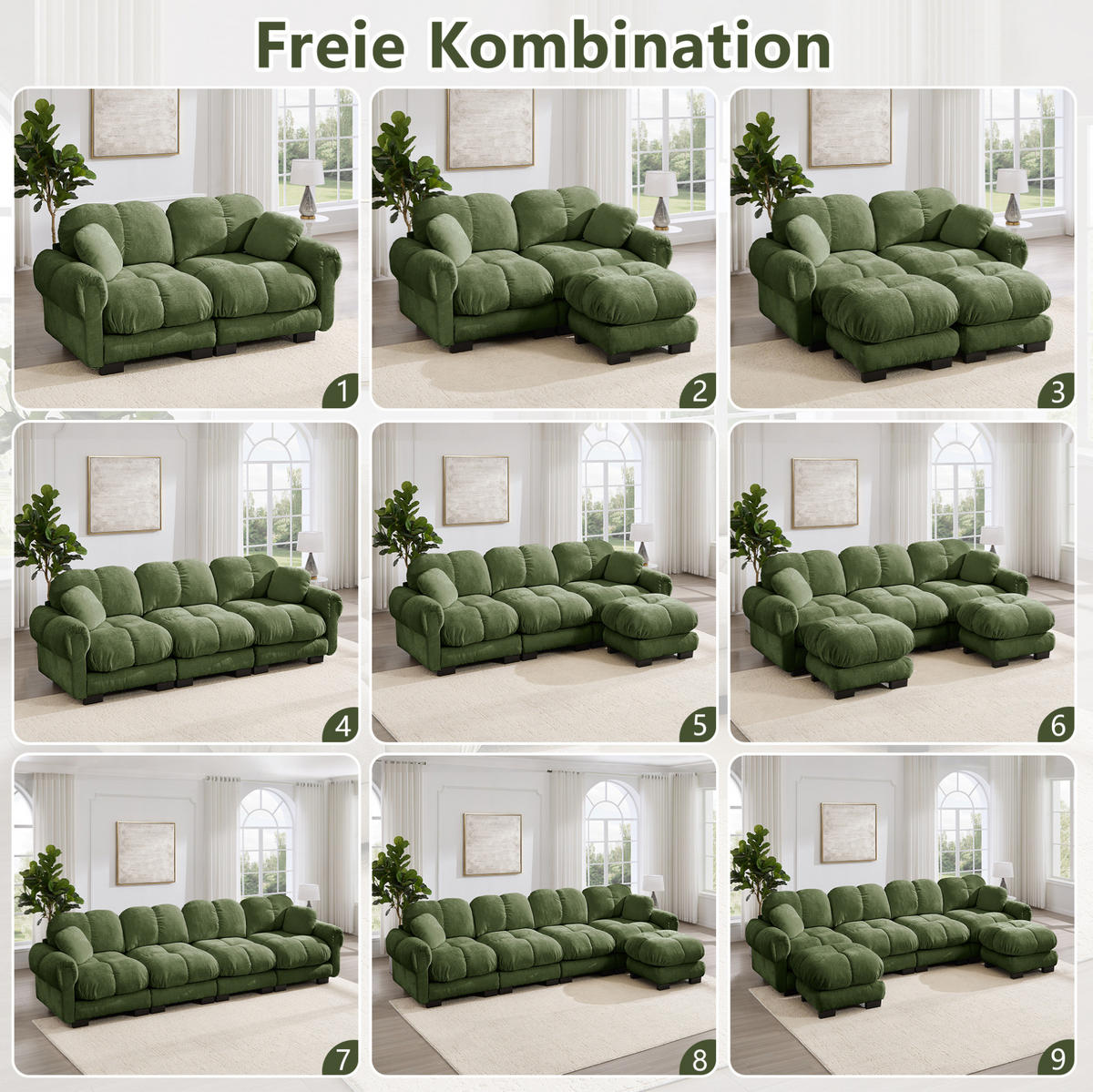 SOFA 190/86/90 cm in Grün aus Chenille mit modularem Stecksystem - Grün, Textil (86/90/190cm) - Flora Grace