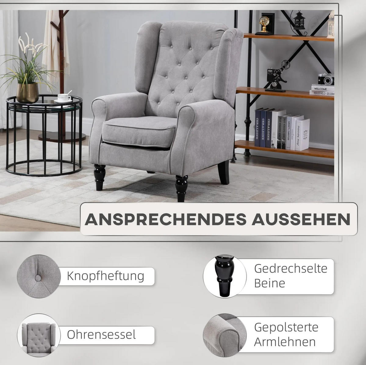 OHRENSESSEL 74/86/102 cm mit hoher Rückenlehne und Knopfheftung - Grau, Textil (86/102/74cm) - BEAOK