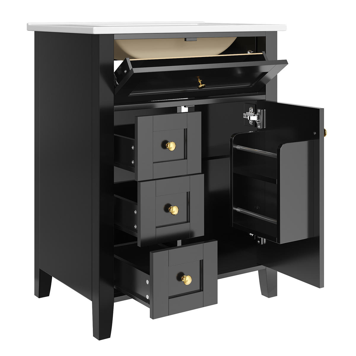 BADEZIMMERSCHRANK Schwarz Hochglanz 4 Schubladen Tür 61cm - Schwarz, Keramik (61/86/47cm) - FLIEKS
