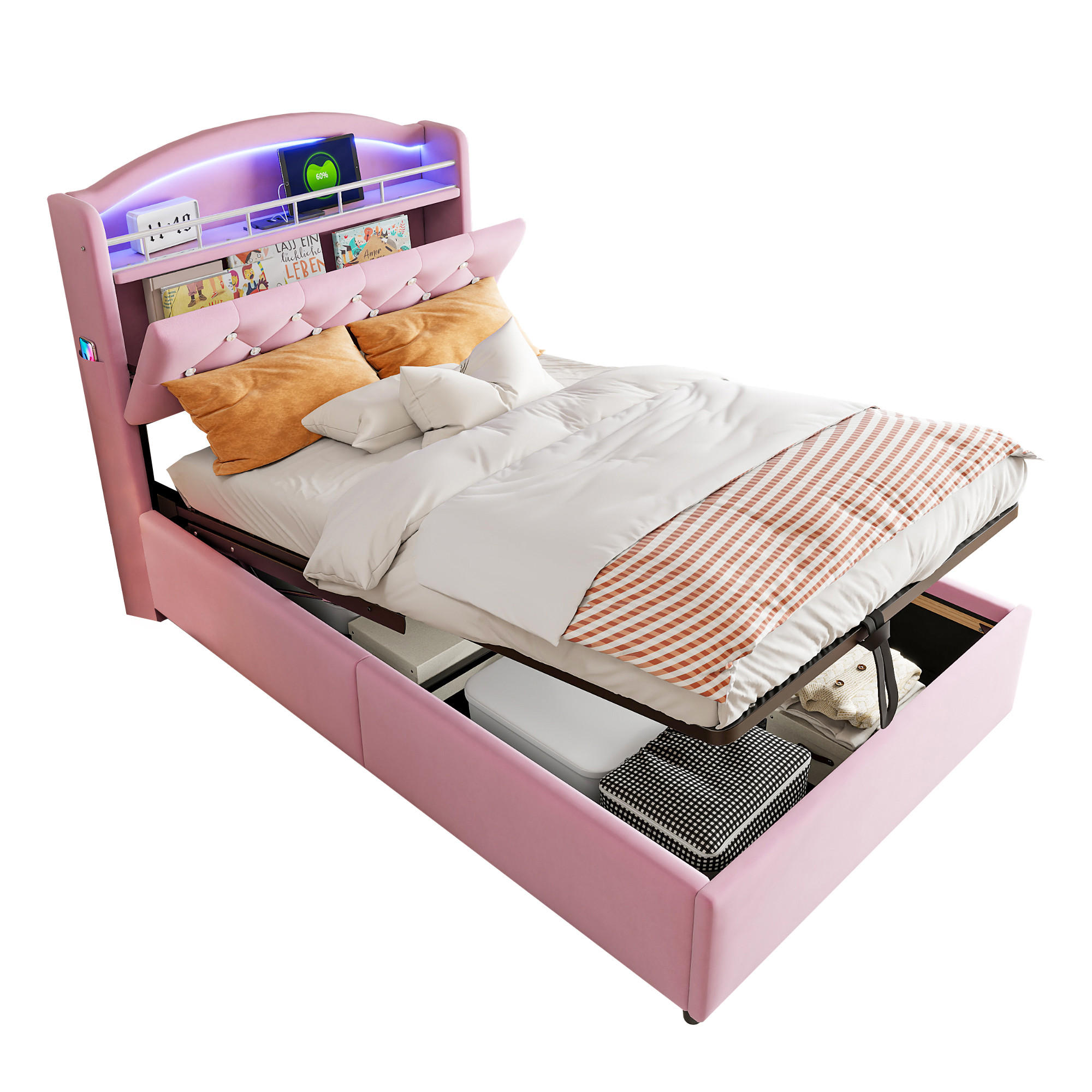 POLSTERBETT 90/200 cm rosa mit Stauraum und LED-Beleuchtung - Pink, Textil (90/200cm) - OKWISH