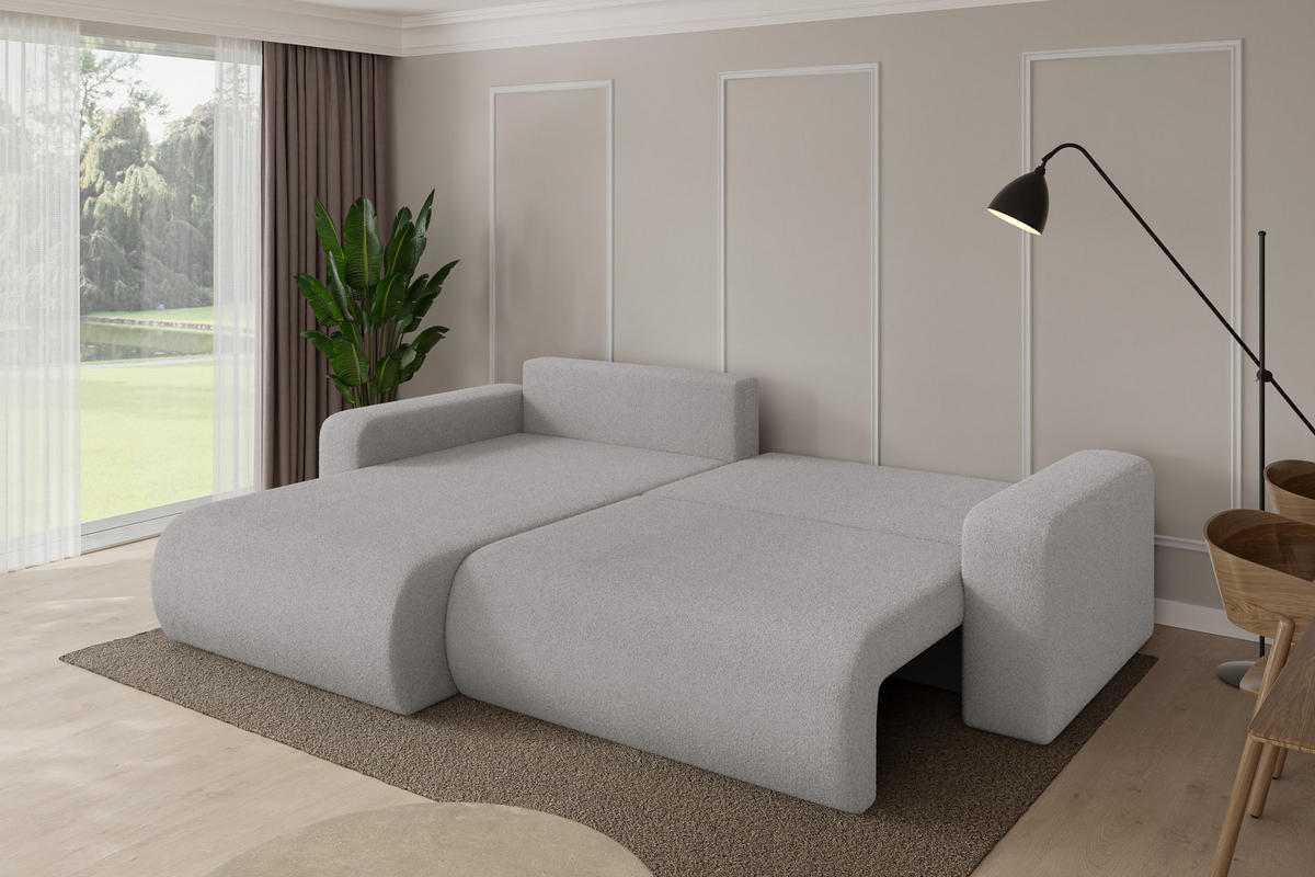 ROHOVÁ SEDAČKA s funkcí spaní, otoman vlevo BERY-L 276x193x88 světle šedá bouclé - černá/stříbrná, kompozitní dřevo/textil (276/193cm) - ALTDECOR