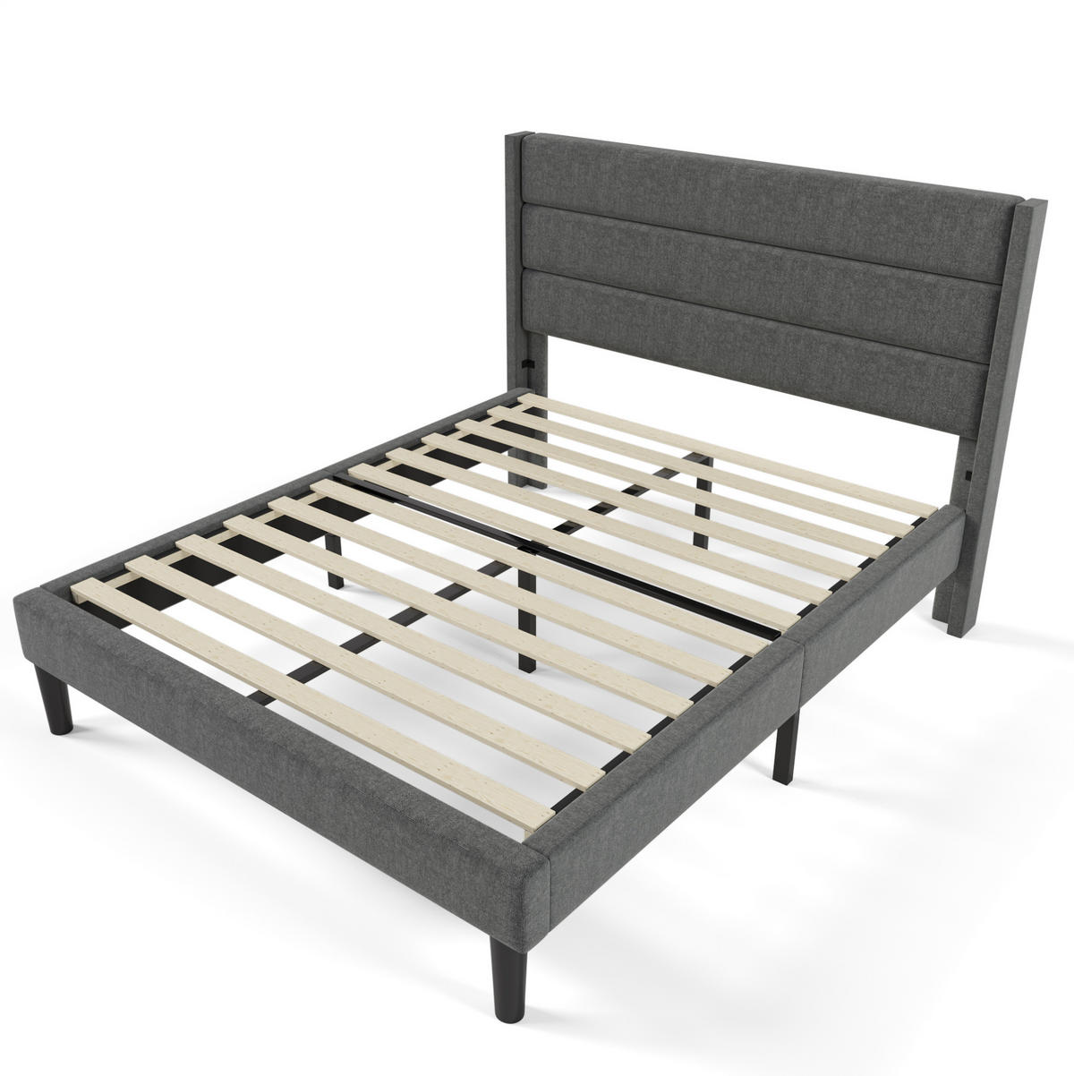 POLNJENA postelja iz lanu 140x200 cm temno siva z vzglavjem, letvenim dnom in 7-consko vzmetnico H3 - temno siva, tekstil (140/200cm) - Modfu