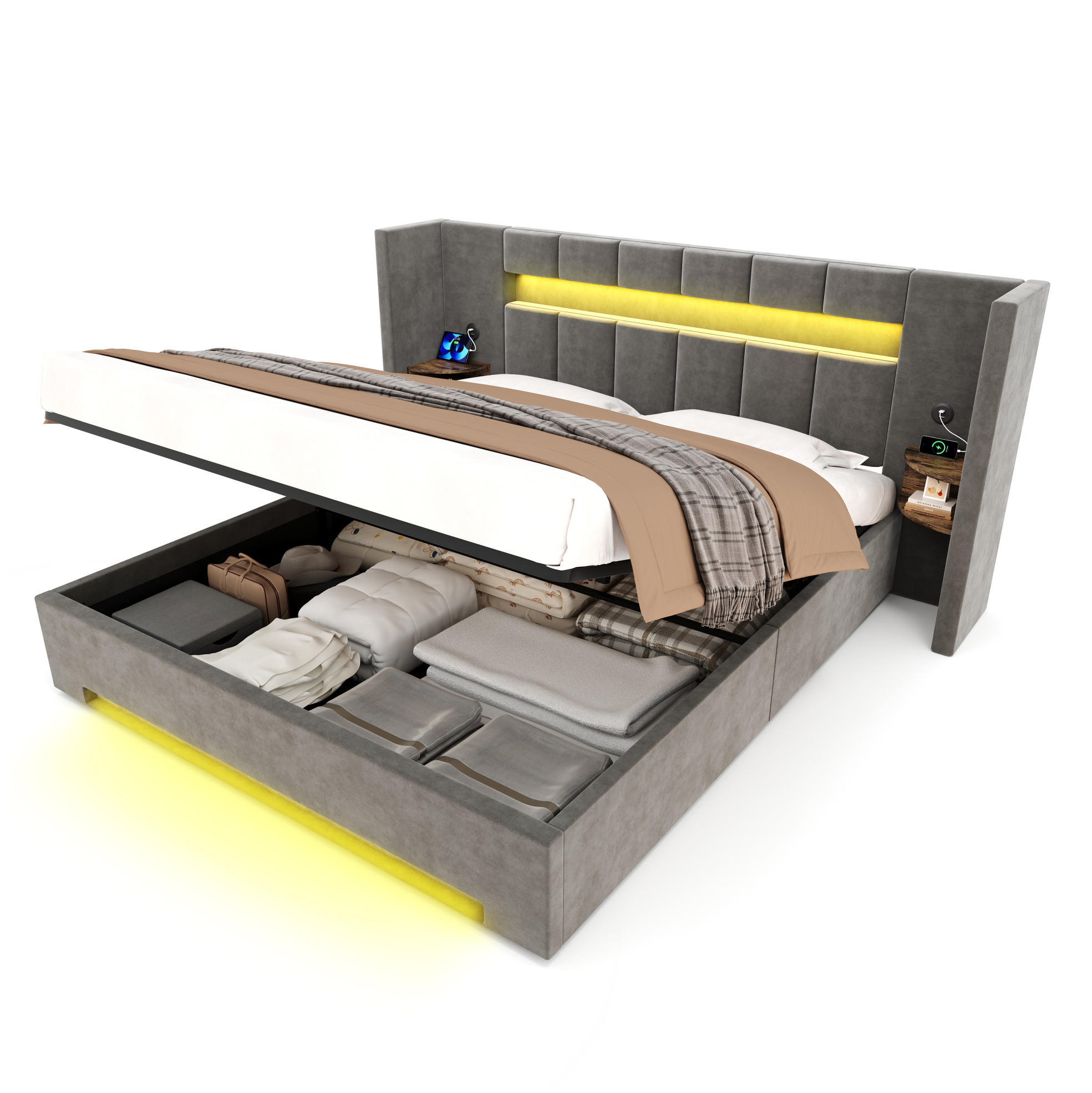 POLSTERBETT 180/200 cm mit USB-Anschlüssen, LED-Beleuchtung, Hydraulik und Stauraum, Dunkelgrau - Dunkelgrau, Textil (180/200cm) - Redom