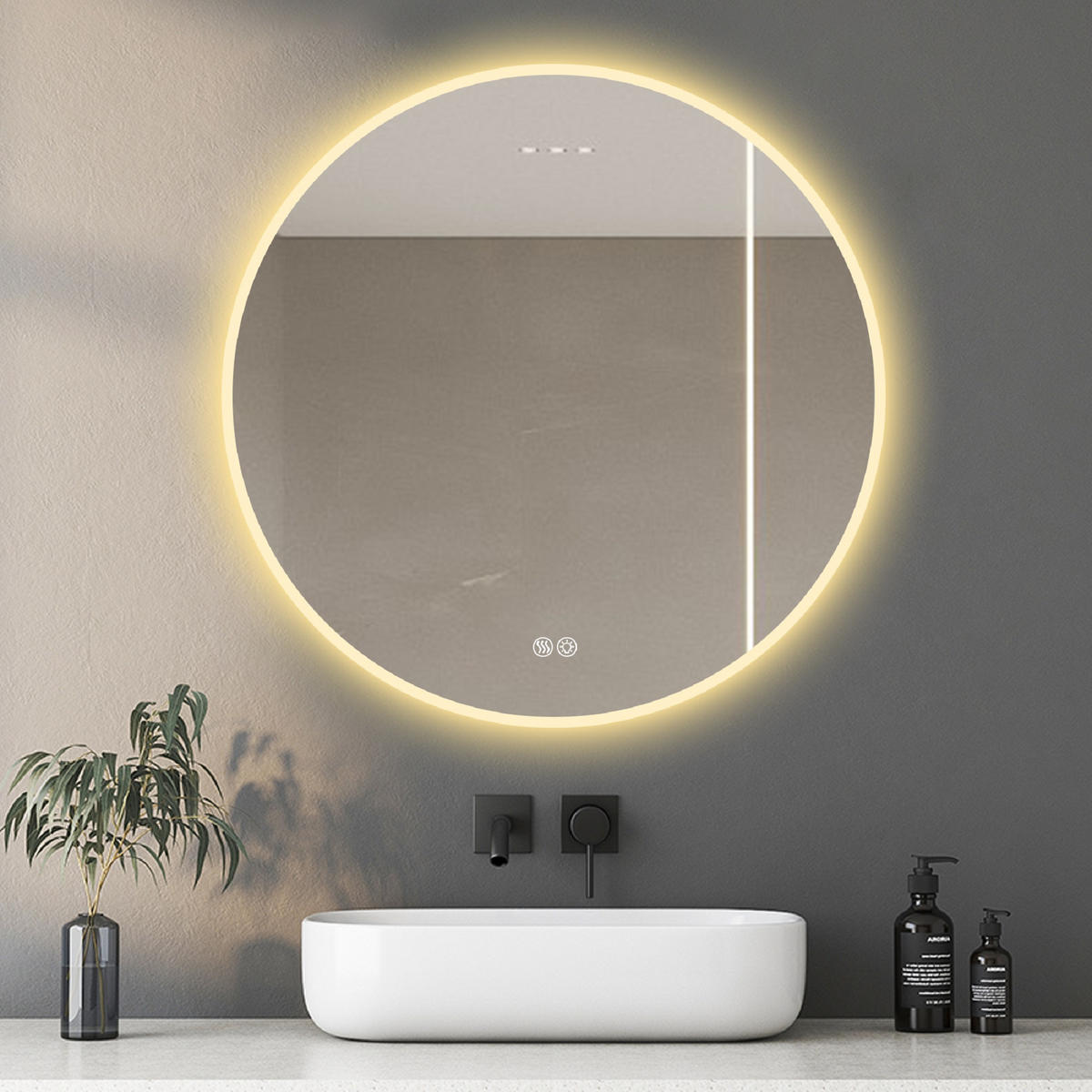 RUNDER LED Badezimmerspiegel 80cm Silber, 3 Lichtfarben dimmbar mit Entspiegelung - Silberfarben, Glas (80/3/80cm) - Modfu