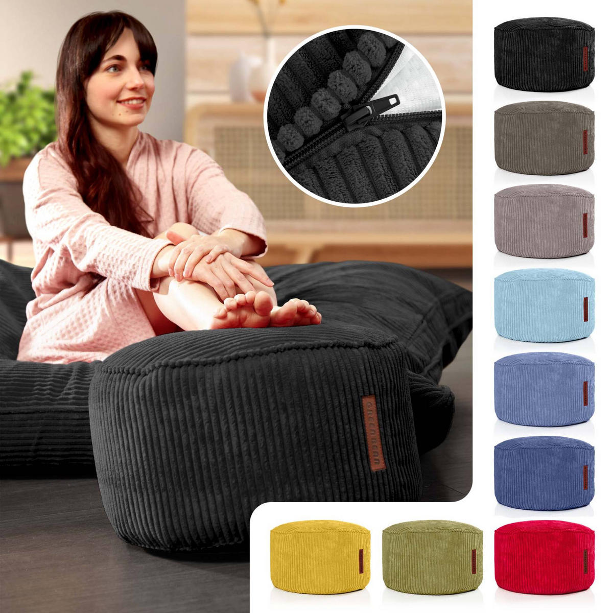 SITZSACK-HOCKER Pouf "Cord" 45x25cm - Schwarz, Textil (45/25/45cm) - Green Bean