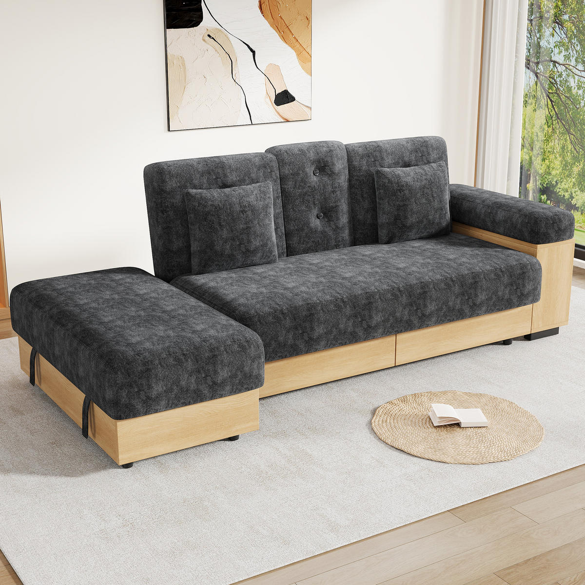 WOHNLANDSCHAFT Graues Chenille‑Stoffsofa mit Multifunktions‑Stauraum und verstellbarer Rückenlehne 217 × 110 × 90 cm - Grau, Textil (217/90/110cm) - Luhomfu