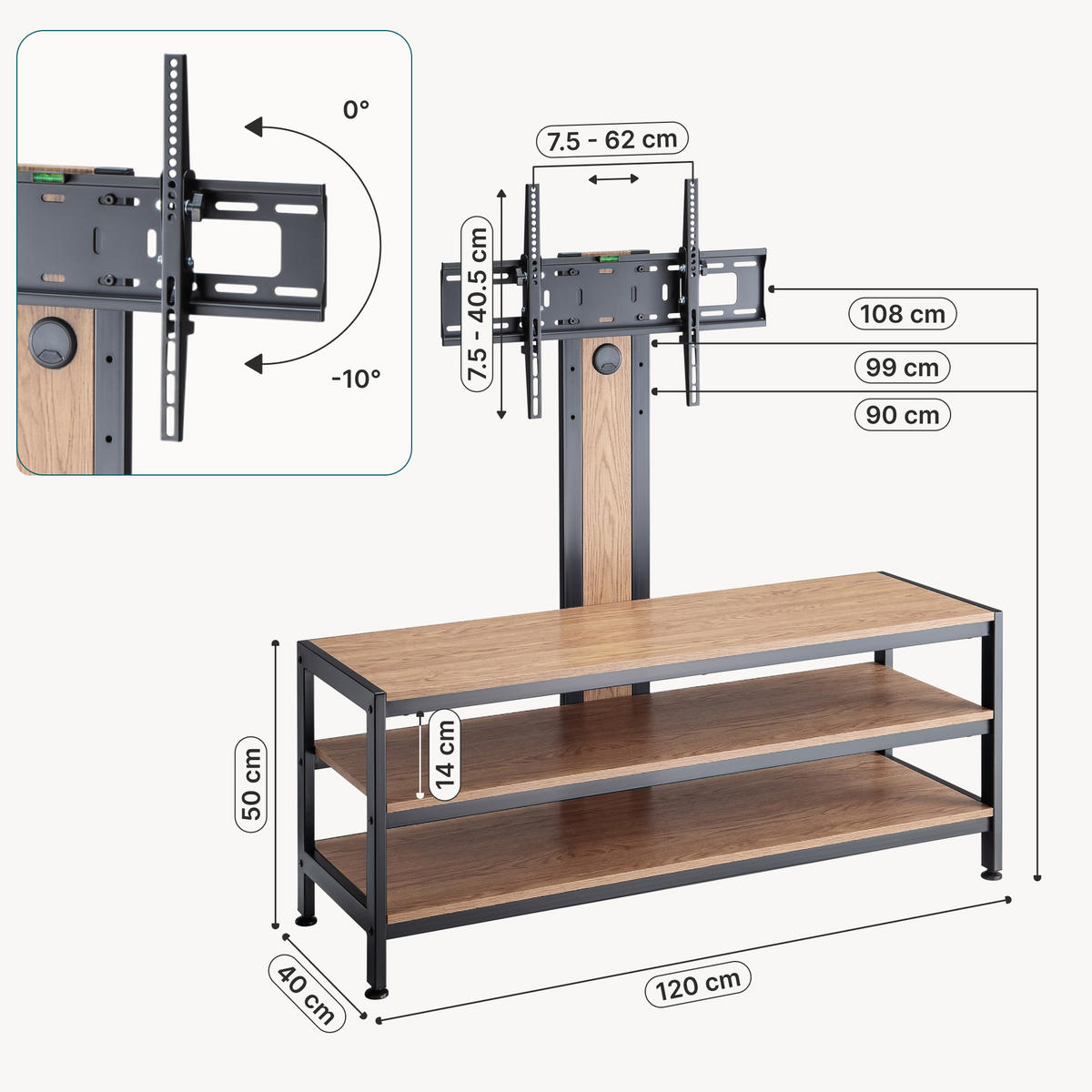 TV-HALTERUNG Stockholm - Eichefarben/Schwarz, Holzwerkstoff/Metall (120/108/40cm) - pro.tec