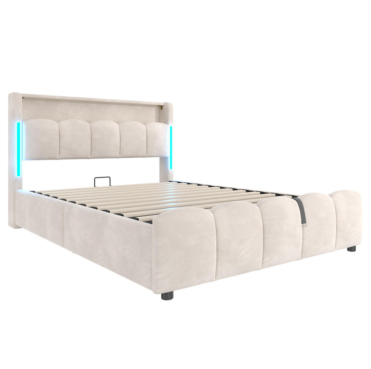 TAPECIRANI krevet od baršuna 140x200 cm bež s LED rasvjetom, USB i Type-C priključcima te hidrauličkim spremištem - bež, tekstil (140/200cm) - Modfu