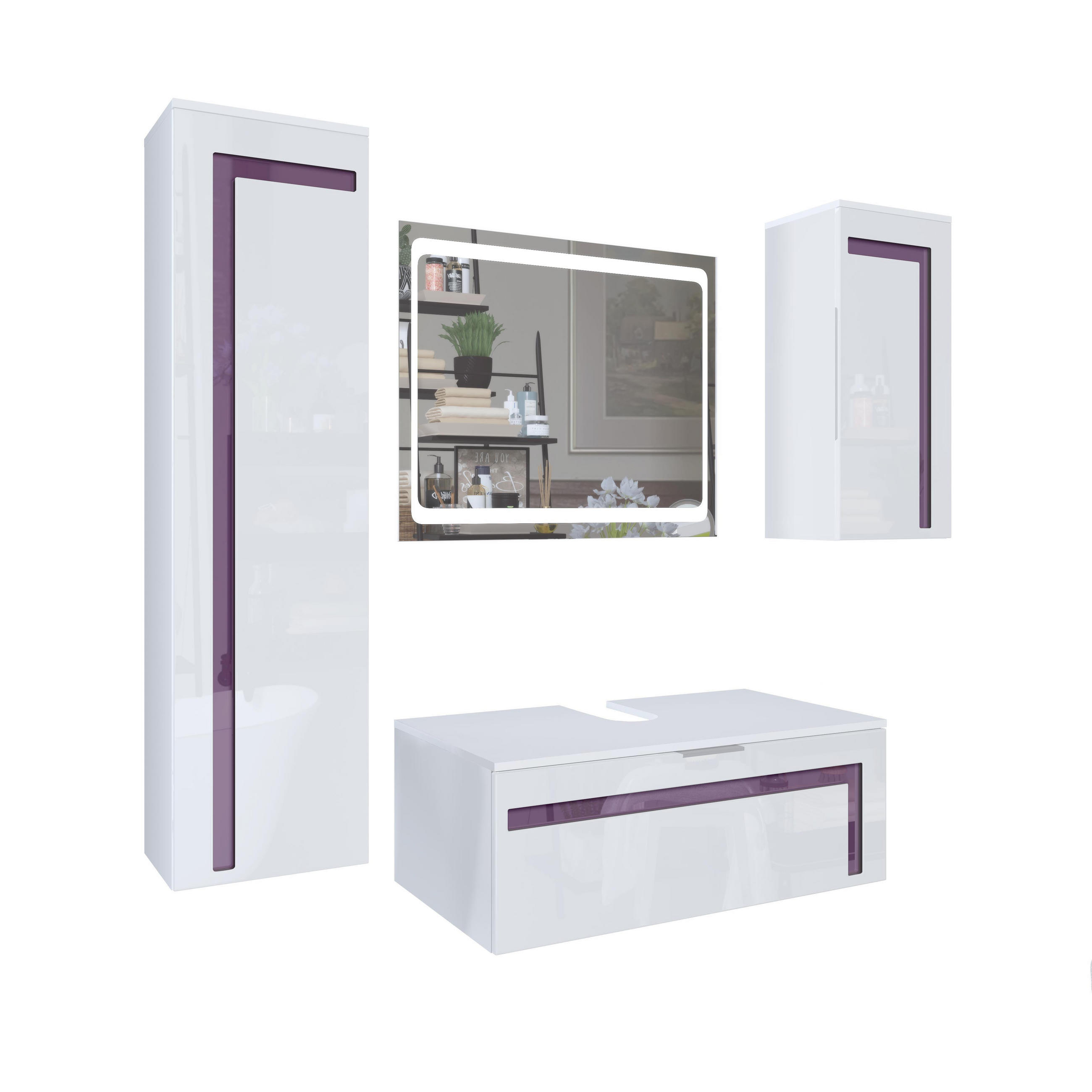 BADMÖBELSET Aloha Absetzungen in Brombeer Hochglanz - Brombeere, Holzwerkstoff (200/193/51cm) - Vladon