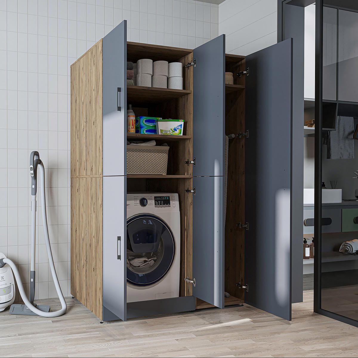 WASCHMASCHINENSCHRANK DORA-II 115cm Breit, 186cm Hoch - Anthrazit, Holzwerkstoff (115/186/73.8cm)