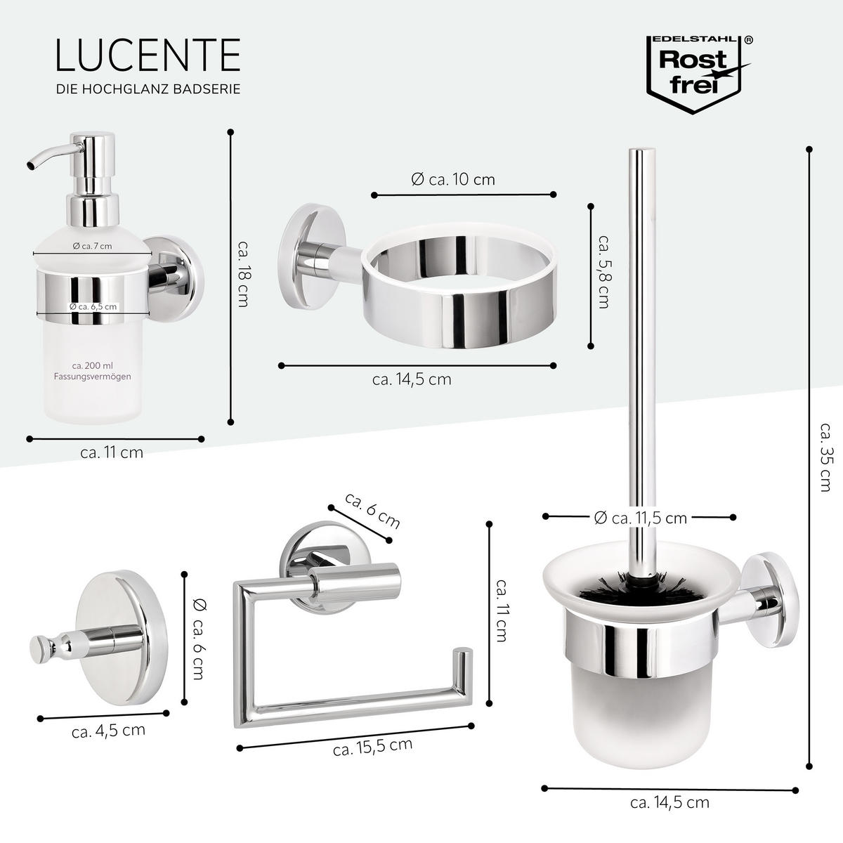 BADEZIMMER-ZUBEHÖR-SET LUCENTE 5tlg, Edelstahl, verchromt - Chromfarben, Metall (14.5/35/11.5cm) - bremermann