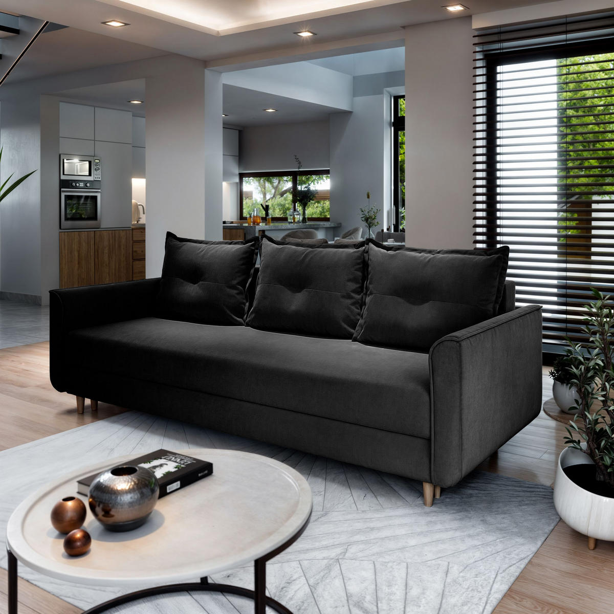 BETTSOFA NAPOL Schwarz Plüsch-Stoff mit Schlaffunktion - Schwarz, Textil (220/93/87cm) - MASSENO