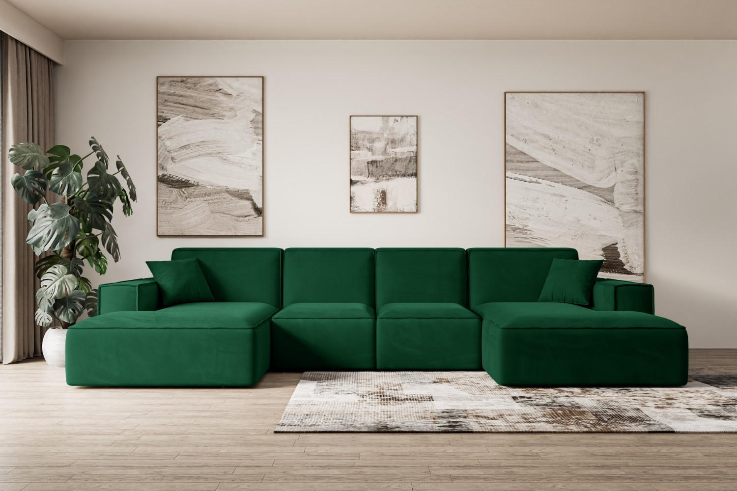 WOHNLANDSCHAFT SIERRA-U - 344x165x73 cm Grün Velours - Schwarz/Grün, Holzwerkstoff/Kunststoff (344/73/165cm) - ALTDECOR