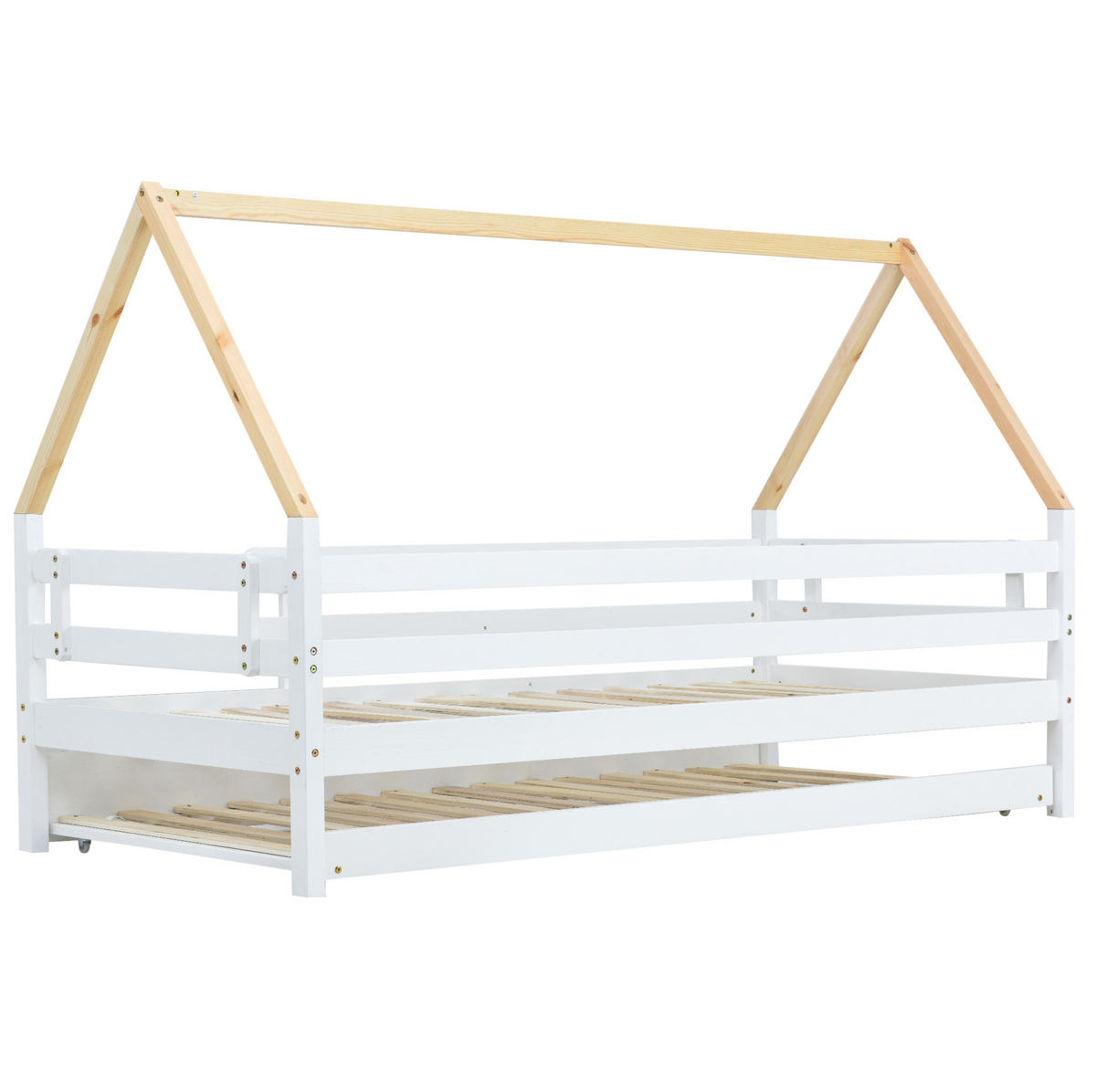 KINDERBETT aus Massivholz 90x200 cm in Weiß/Natur mit Ausziehbett - Weiß, Holz (90/200cm) - Modfu
