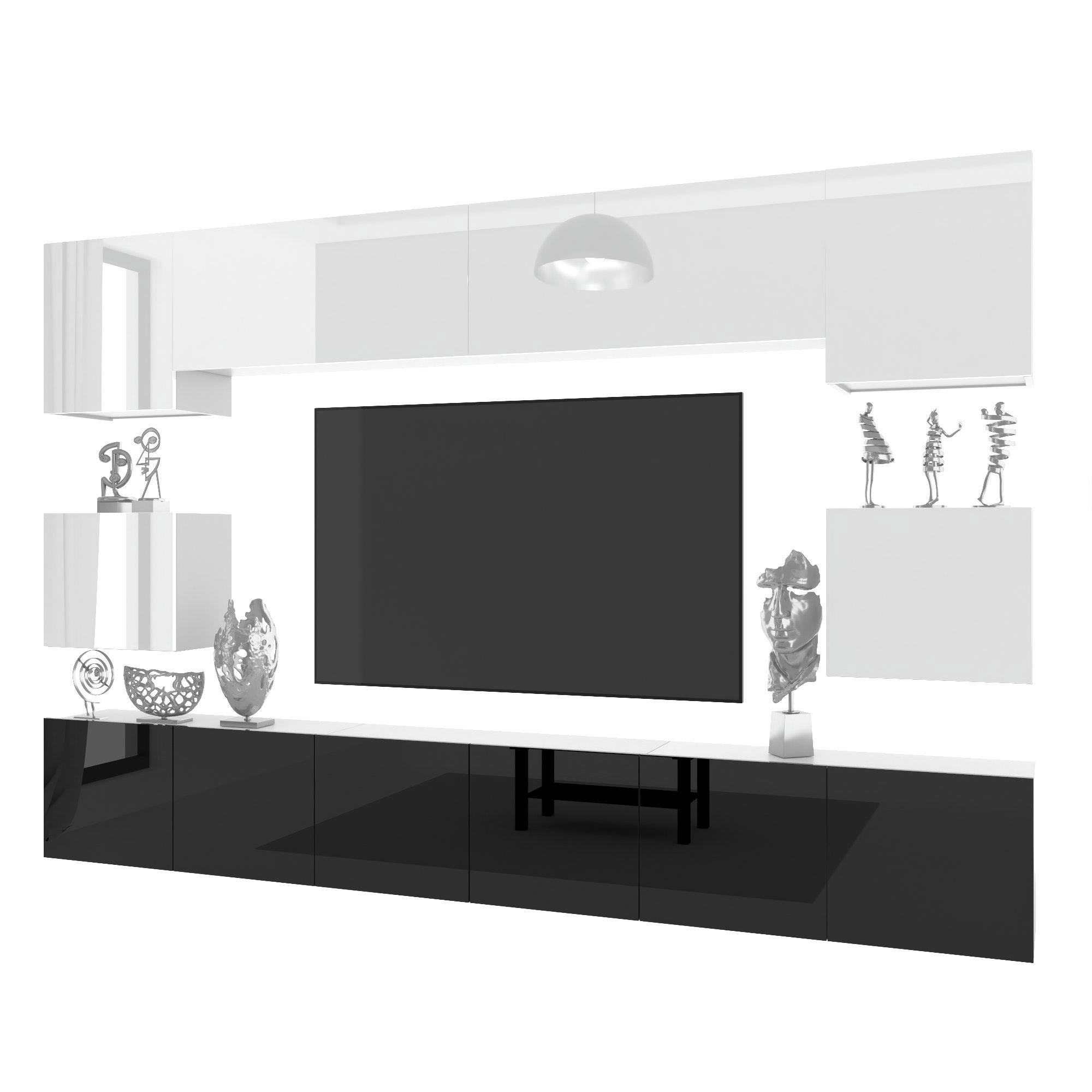 WOHNWAND Milano 3, Schwarz/Weiß Hochglanz, 300 cm, Grifflos - Weiß, Holz (300/60/36cm) - B BELINI GROUP
