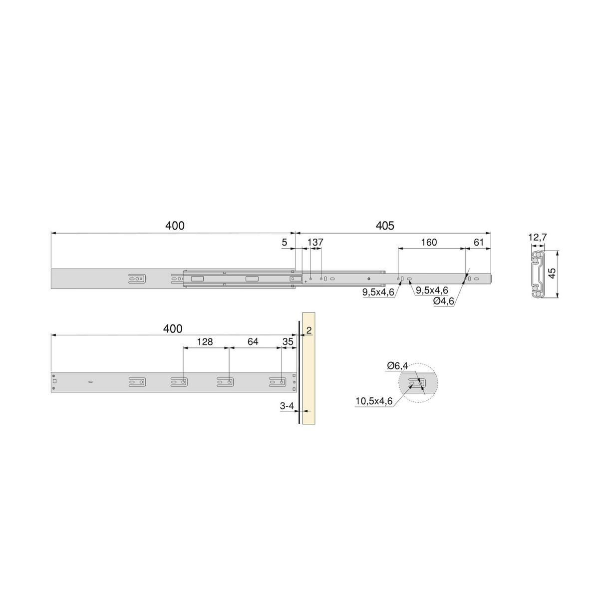 KUGELFÜHRUNGEN Höhe 45mm, Tiefe 400mm, Vollauszug, mit Push, mit Schließautomatik, Verzinkt 5er-set - Zinkfarben, Metall (1.27/5/40cm) - EMUCA