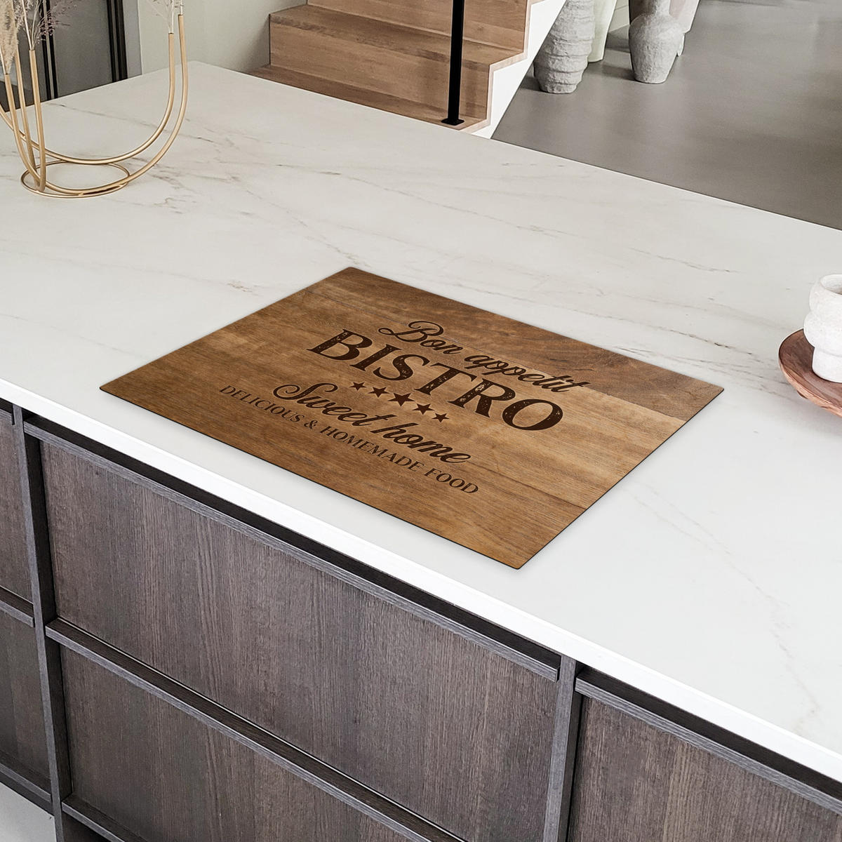 HERDABDECKPLATTE Zitat - Bistro - Guten Appetit - Süßes Zuhause - Holzmaserung Herdabdeckung Induktionsfeld 75x52 cm - Braun, Kunststoff (75/52/0.2cm) - MuchoWow