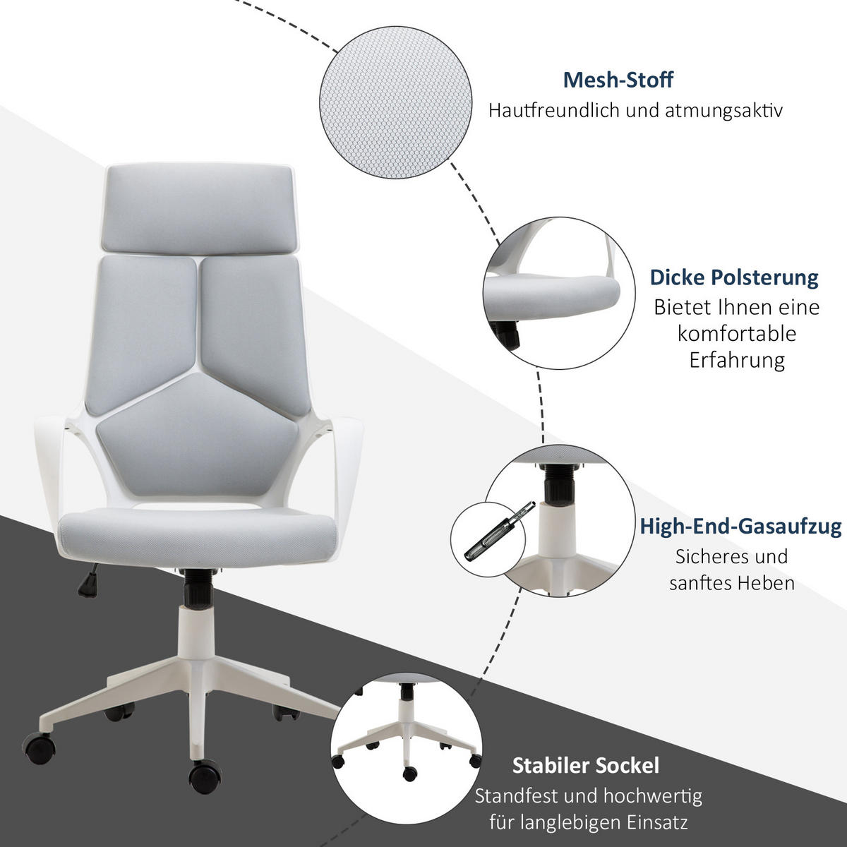 BÜROSTUHL Ergonomischer Schreibtischstuhl mit Armlehne, Wippfunktion Grau - Weiß/Grau, Kunststoff/Textil (63/127/63cm) - HOMCOM