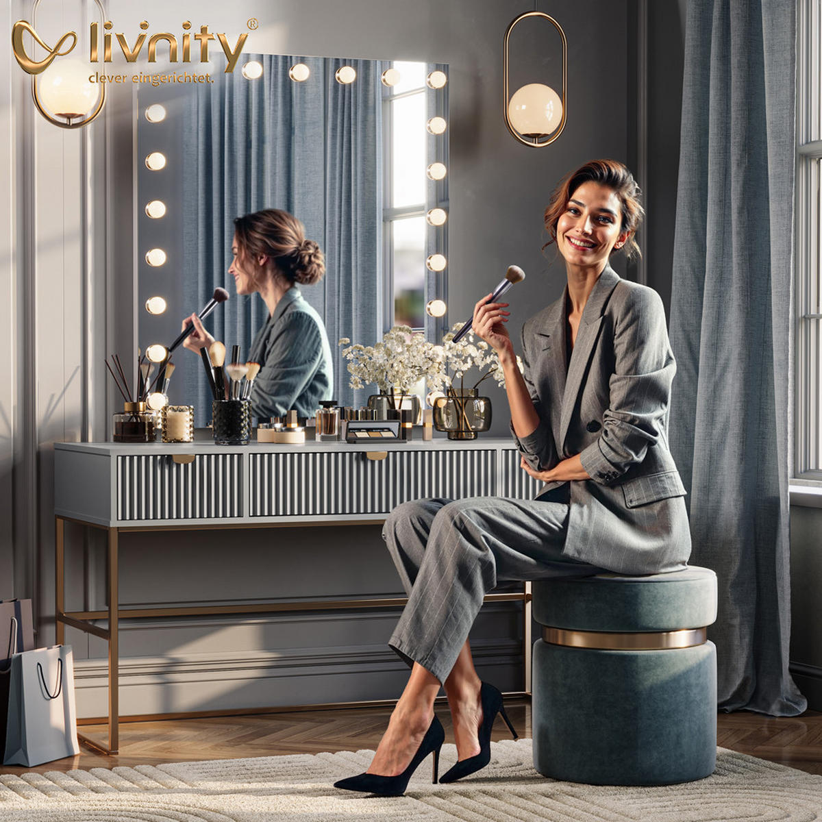 SCHMINKTISCH Loreta Weiß/Sonoma 80 cm - Weiß/Sonoma Eiche, Holzwerkstoff (80/131.6/36cm) - Livinity®