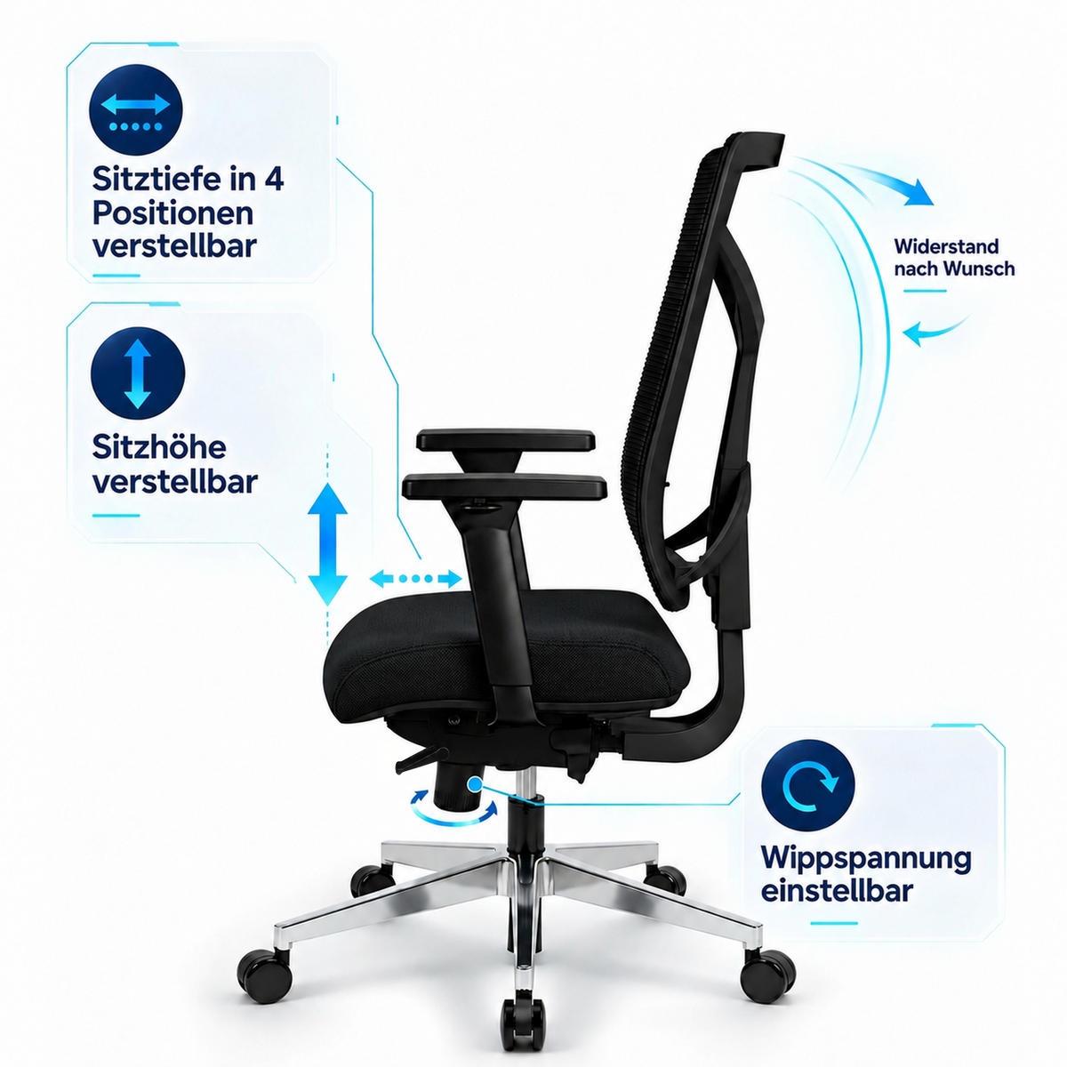 BÜROSTUHL V1801 Stoff/Mesh Schwarz - ergonomisch, 150 kg belastbar, Sitzhöhe 47-59cm - Schwarz, Kunststoff/Textil (65/105/65cm) - Versee
