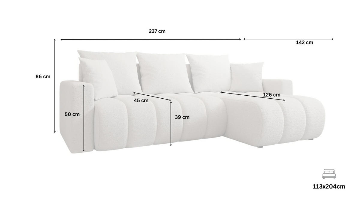ECKSOFA GERRO Schlaffunktion Bettkasten Universal Boucle Weiß - Weiß, Textil (237/142cm) - Luxkor24