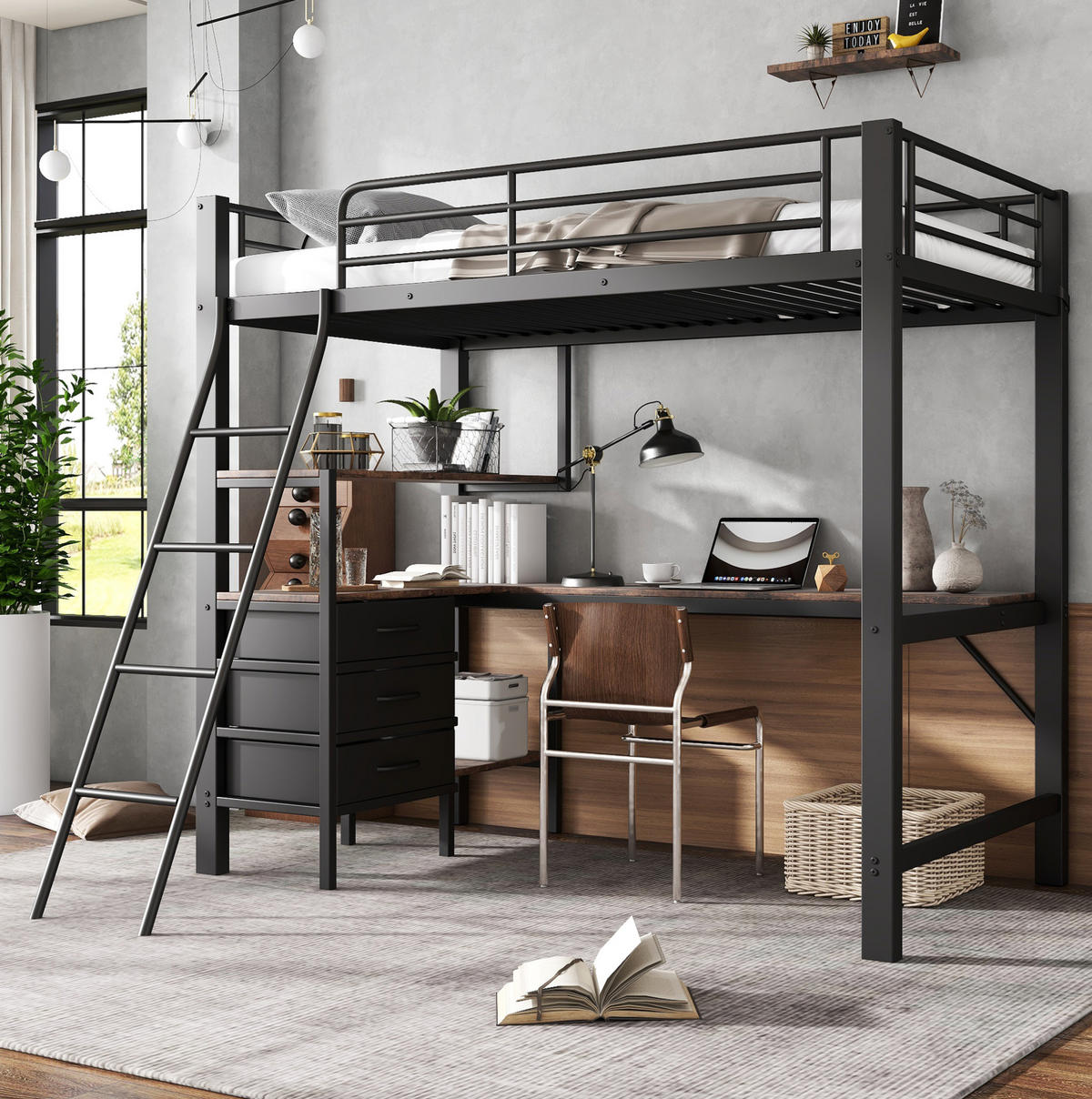 HOCHBETT 90/200 cm mit 2-m-Schreibtisch, 3 Schubladen und schräger Leiter, Schwarz/Dunkle Walnuss - Schwarz, Metall (90/200cm) - Redom