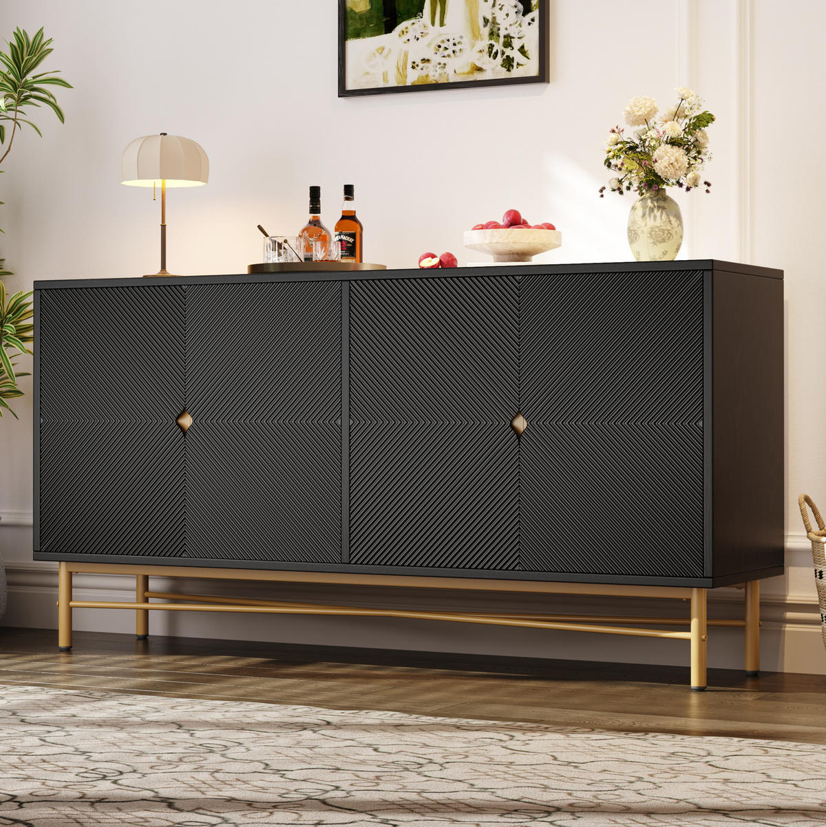 SIDEBOARD 160/40/82 cm Schwarz aus MDF und Spanplatte mit 4 Türen, Soft-Close und Goldakzenten - Schwarz, Holzwerkstoff (40/82/160cm) - OKWISH