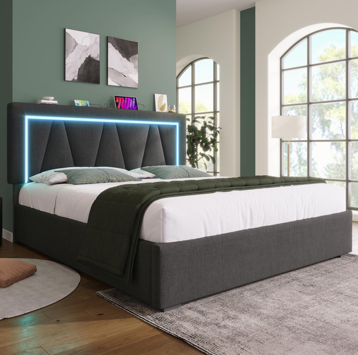 ČALOUNĚNÁ postel 160/200 cm, len, šedá, s LED osvětlením, USB-C a úložným prostorem - šedá, textil (160/200cm) - BEAOK