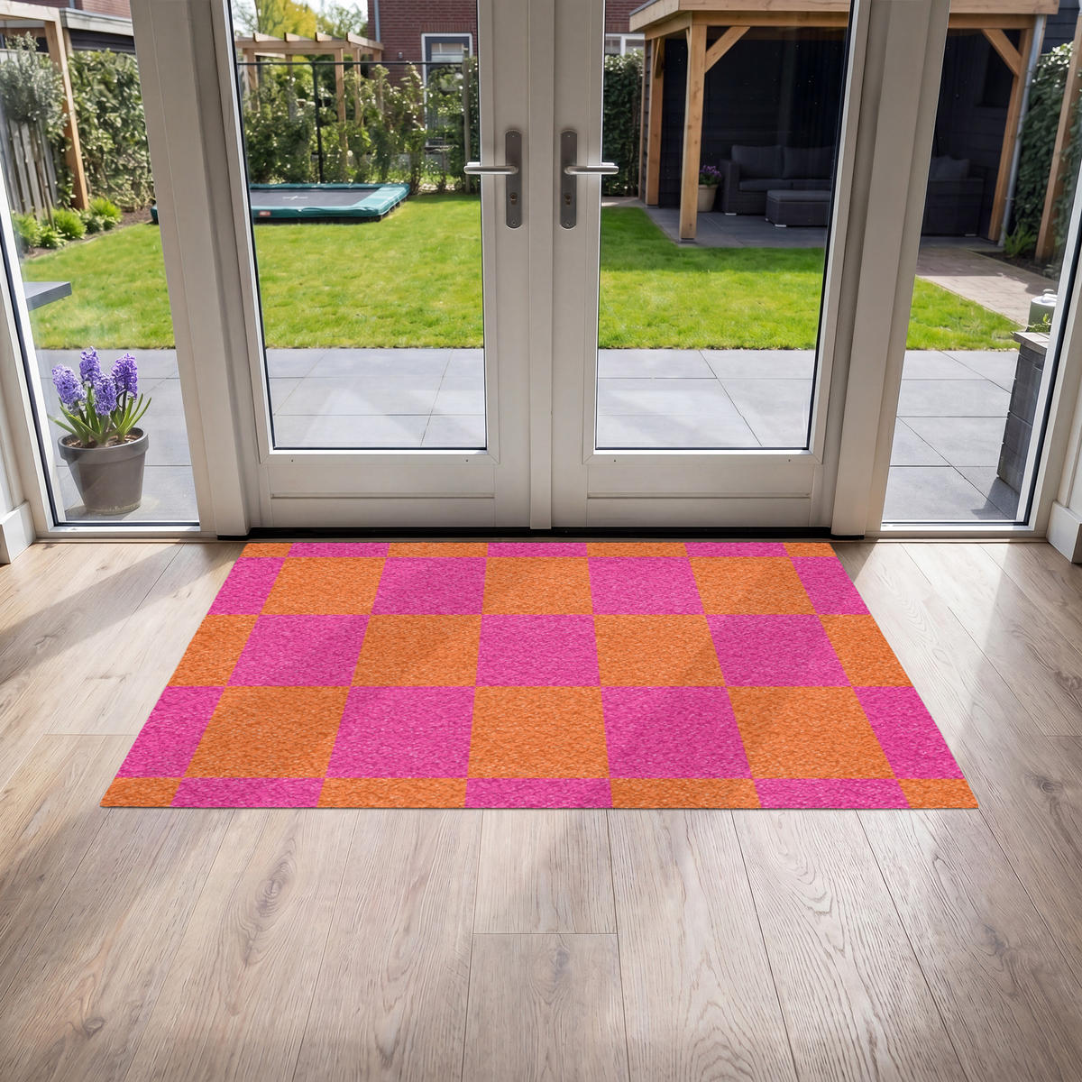 FUSSMATTE Schachbrettmuster - Orange - Rosa - Blöcke Schmutzfangmatte 150x90 cm - Pink, Kunststoff (150/90cm) - MuchoWow