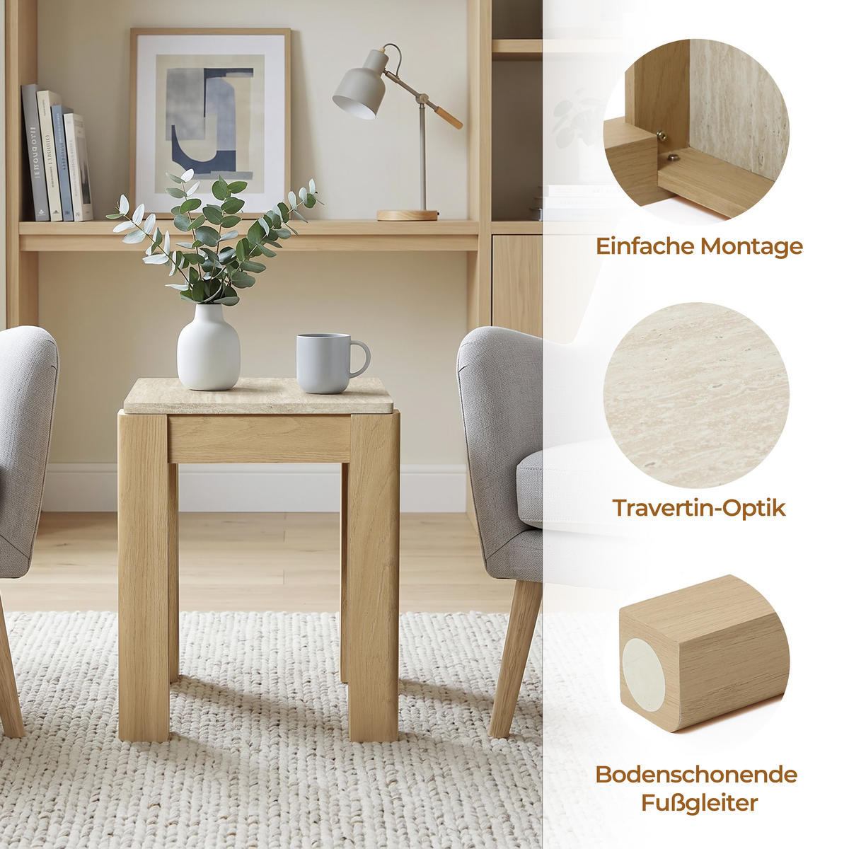 BEISTELLTISCH Holz mit Travertin-Optik 40 × 40 × 49 cm - Eichefarben, Holzwerkstoff (40/40/49cm) - Hometopia
