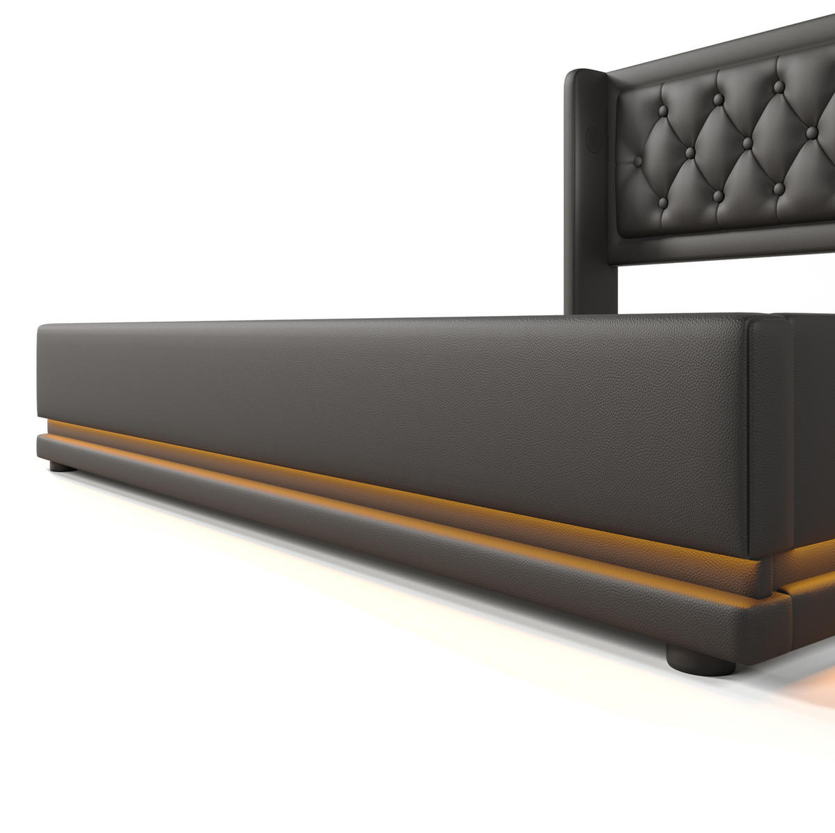 POLNJENA postelja iz PU 160x200 cm črna z USB Type-C polnjenjem, 3-stransko LED osvetlitvijo in hidravličnim predalom - črna, usnje (160/200cm) - Modfu