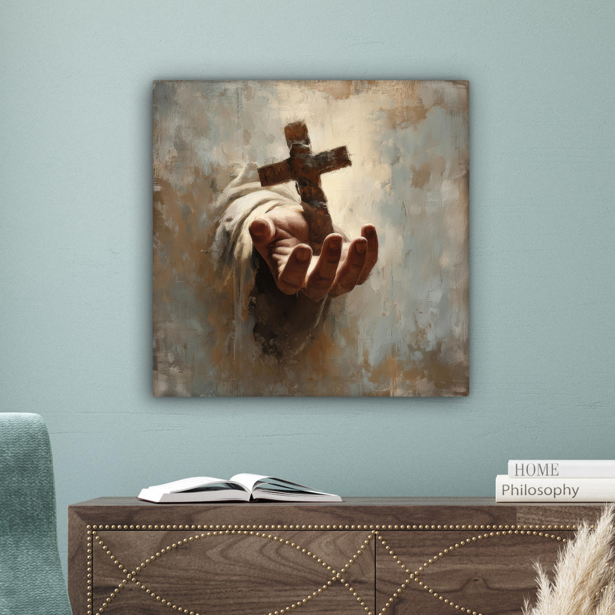 LEINWANDBILD Abstrakt - Kreuz - Hand - Christentum Wandbild Wohnzimmer 50x50 cm - Hellbraun, Textil (50/50cm) - MuchoWow